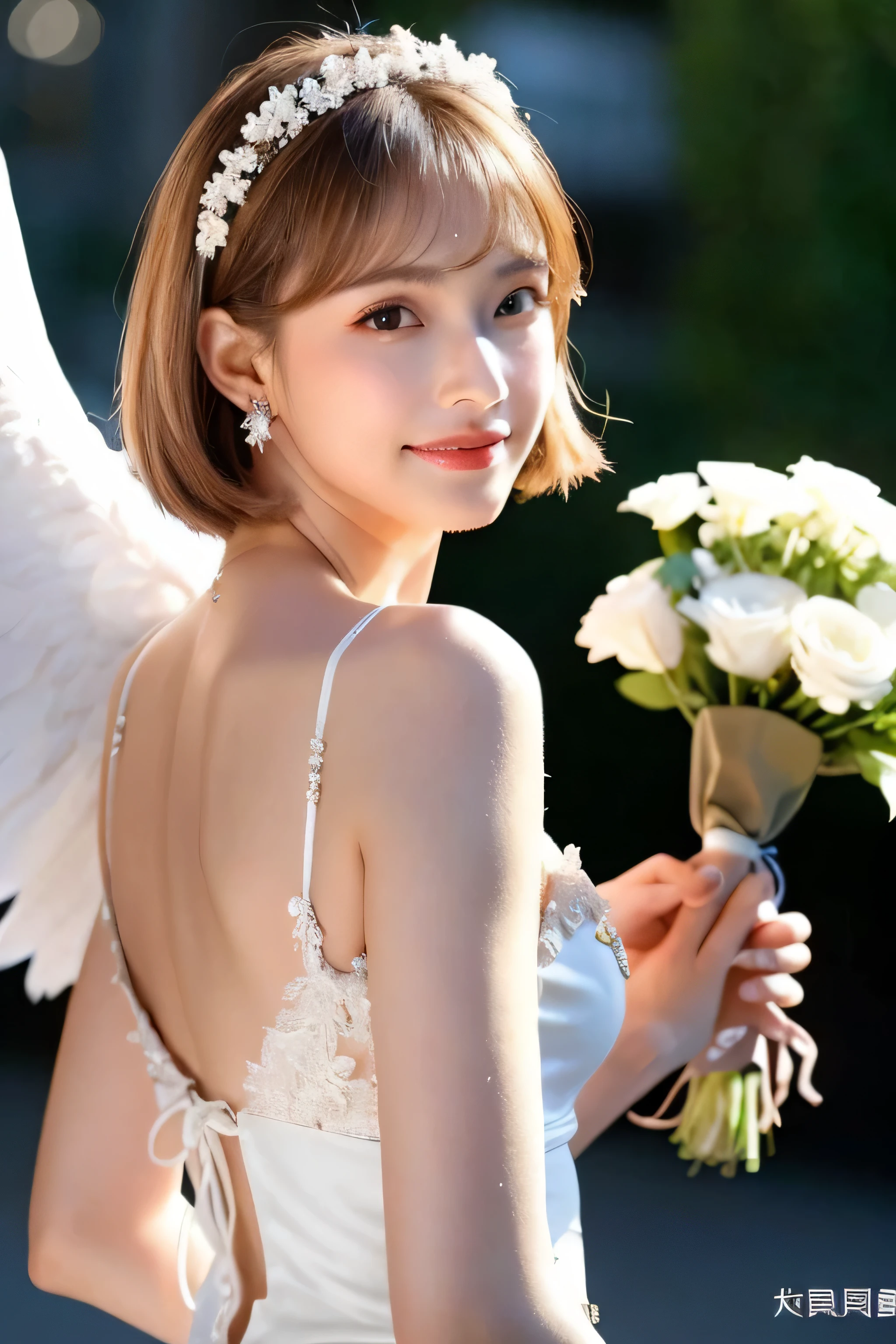 Greek warships、8K、real photos、ultra high resolution, master parts, highest quality, ticker , cinematic images,nice girl、Ann、16 years old、Annグロサクソン、double eyelid、droopy eyes、very big eyes、eye shadow、 very detailed , blonde、straight short hair、 sweet expression 、smile、charming gaze、A little embarrassed、thin lips ,beautiful long nose、the tip of the nose is small、very beautiful woman、long supple legs、 very clear shadow , jewelry , sexy , fine eyes, Very difficult, shiny skin , パーフェクトブリリAnnト, perfect sentence, dramatic shadow ,white tiara on head、white dress with gold embroidery、white angel wings from behind the back、white bouquet in both hands、glass high heels, perfect face