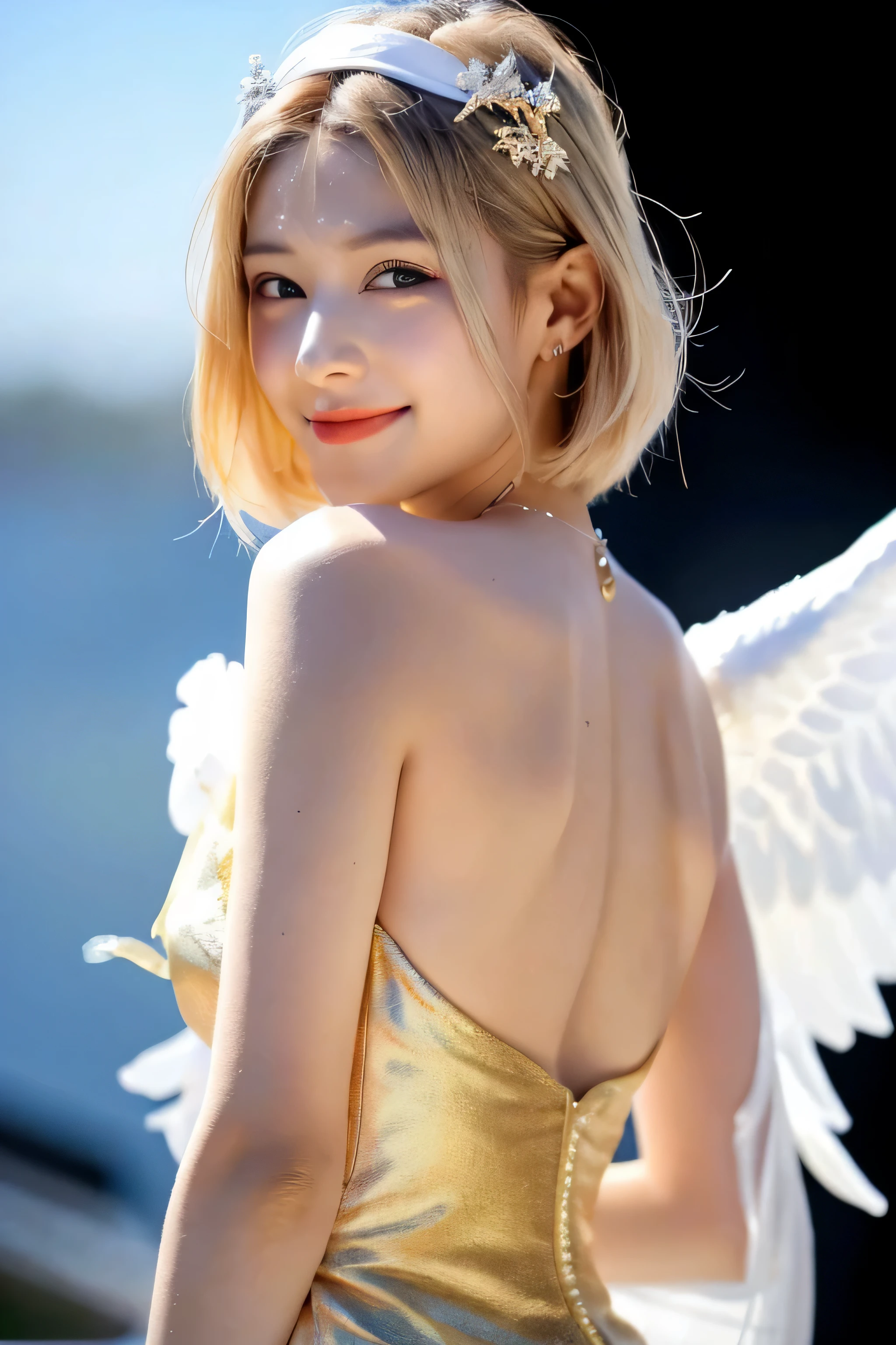 Greek warships、8K、real photo、ultra high resolution, master parts, best quality, ticker , cinematic images,nice girl、Ann、16 years old、Annグロサクソン、double eyelid、droopy eyes、very big eyes、eye shadow、 very detailed , blonde、straight short hair、 sweet look 、smile、Charming gaze、A little embarrassing、thin lips ,beautiful long nose、the tip of the nose is small、very beautiful woman、long supple legs、 very clear shadow , jewelry , sexy , detailed eyes, very complicated, shiny skin , パーフェクトブリリAnnト, perfect writing, dramatic shadow ,white tiara on head、white dress with gold embroidery、white angel wings from behind the back、white bouquet in both hands、glass high heels, perfect face