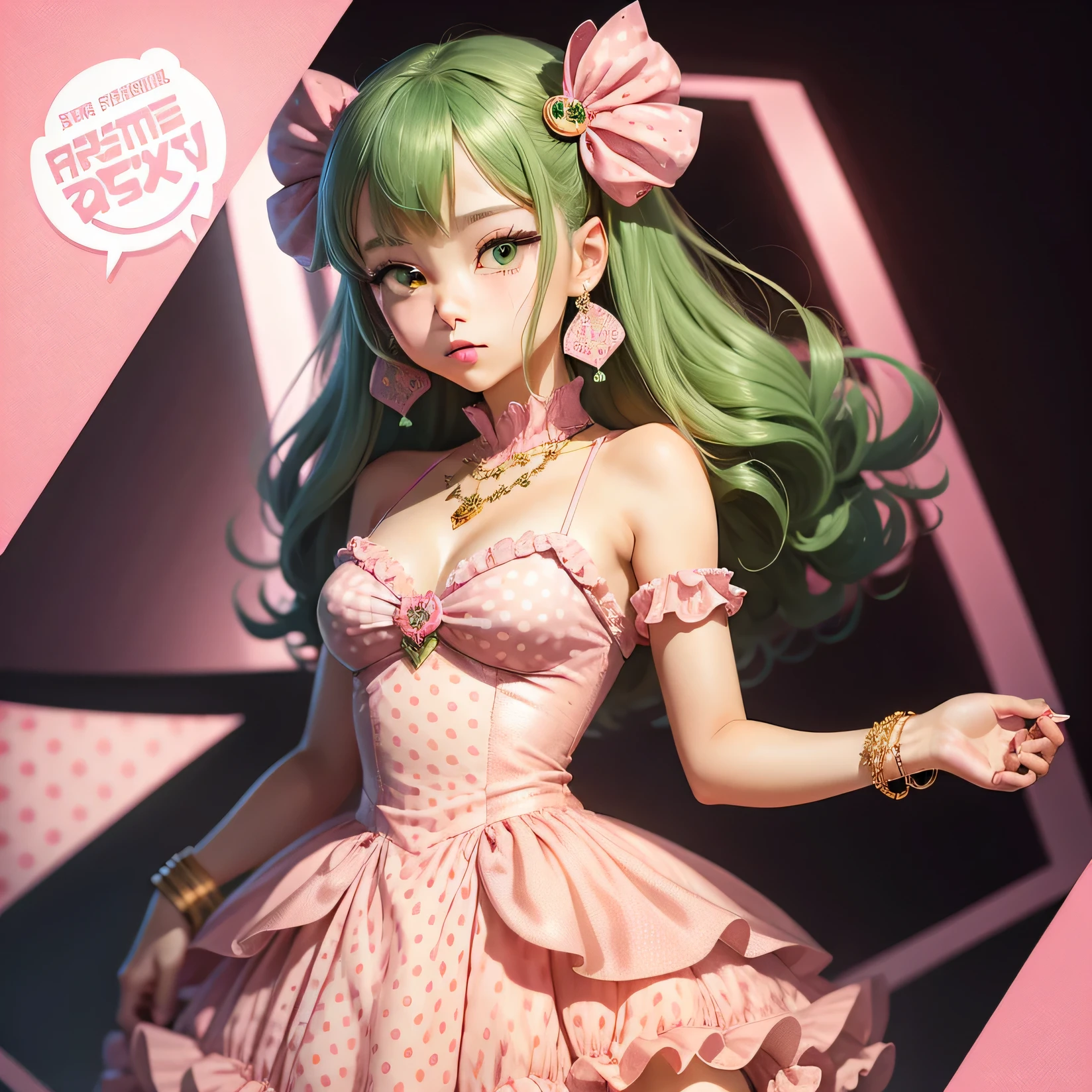 Anime style girl in a pink dress with a green polka dot print., a lot of decorations and rhinestones on the dress.a lot of details,Hyper detail,pastiche,16 thousand.,poster
