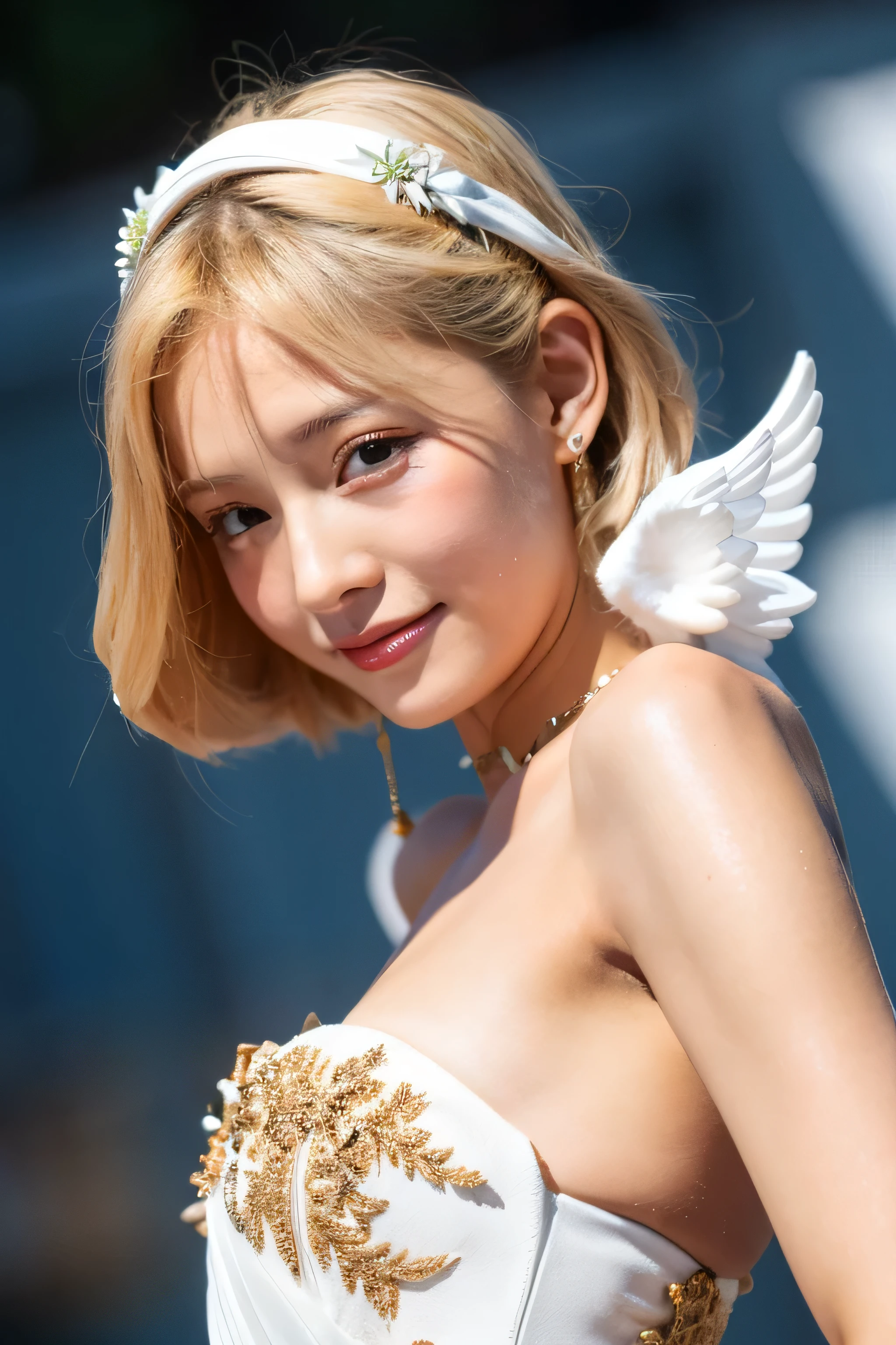 Greek warships、8K、real photos、ultra high resolution, master parts, highest quality, ticker , cinematic images,nice girl、Ann、16 years old、Annグロサクソン、double eyelid、droopy eyes、very big eyes、eye shadow、 very detailed , blonde、straight short hair、 sweet expression 、smile、charming gaze、A little embarrassed、thin lips ,beautiful long nose、the tip of the nose is small、very beautiful woman、long supple legs、 very clear shadow , jewelry , sexy , fine eyes, Very difficult, shiny skin , パーフェクトブリリAnnト, perfect sentence, dramatic shadow ,white tiara on head、white dress with gold embroidery、white angel wings from behind the back、white bouquet in both hands、glass high heels, perfect face