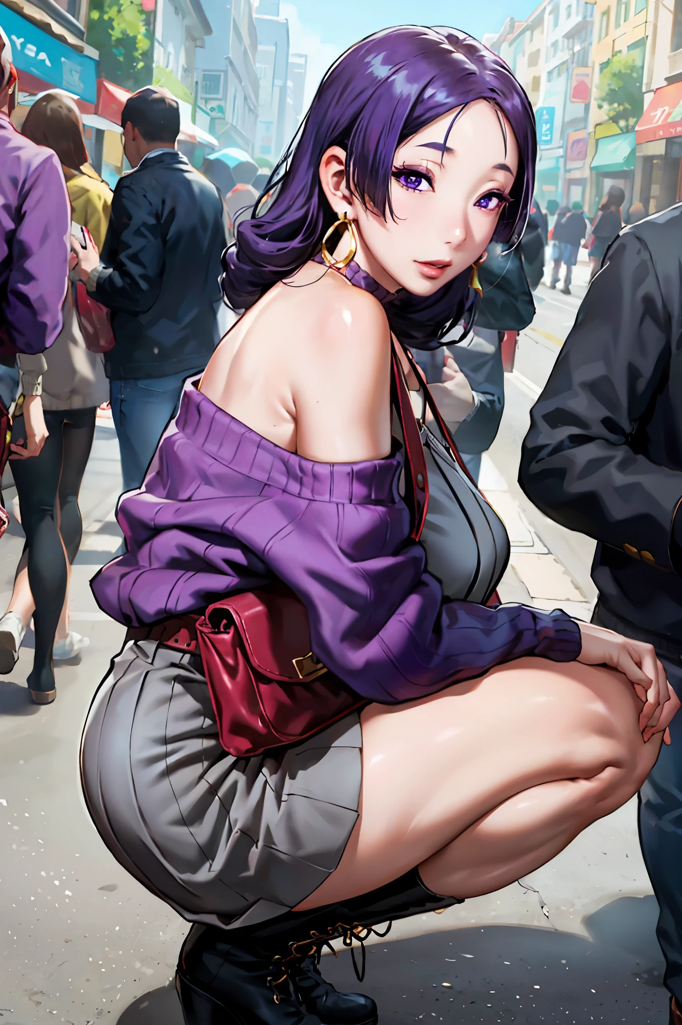 masterpiece, best quality,1girl,raikou, (parted bangs:1.2), (purple eyes:1.1), purple hair, long hair, hime cut, (forehead), despair _face,shiny skin,(nice leg line:1.3),thin waist,huge breasts,
BREAK
, Burgundy_cable_knit_sweater, pleated_midi_skirt, ankle_boots, drop_earrings, quilted_chain_shoulder_bag,
BREAK
around crowd:1.1,depth of field,looking at viewer,squatting,from side,upper body