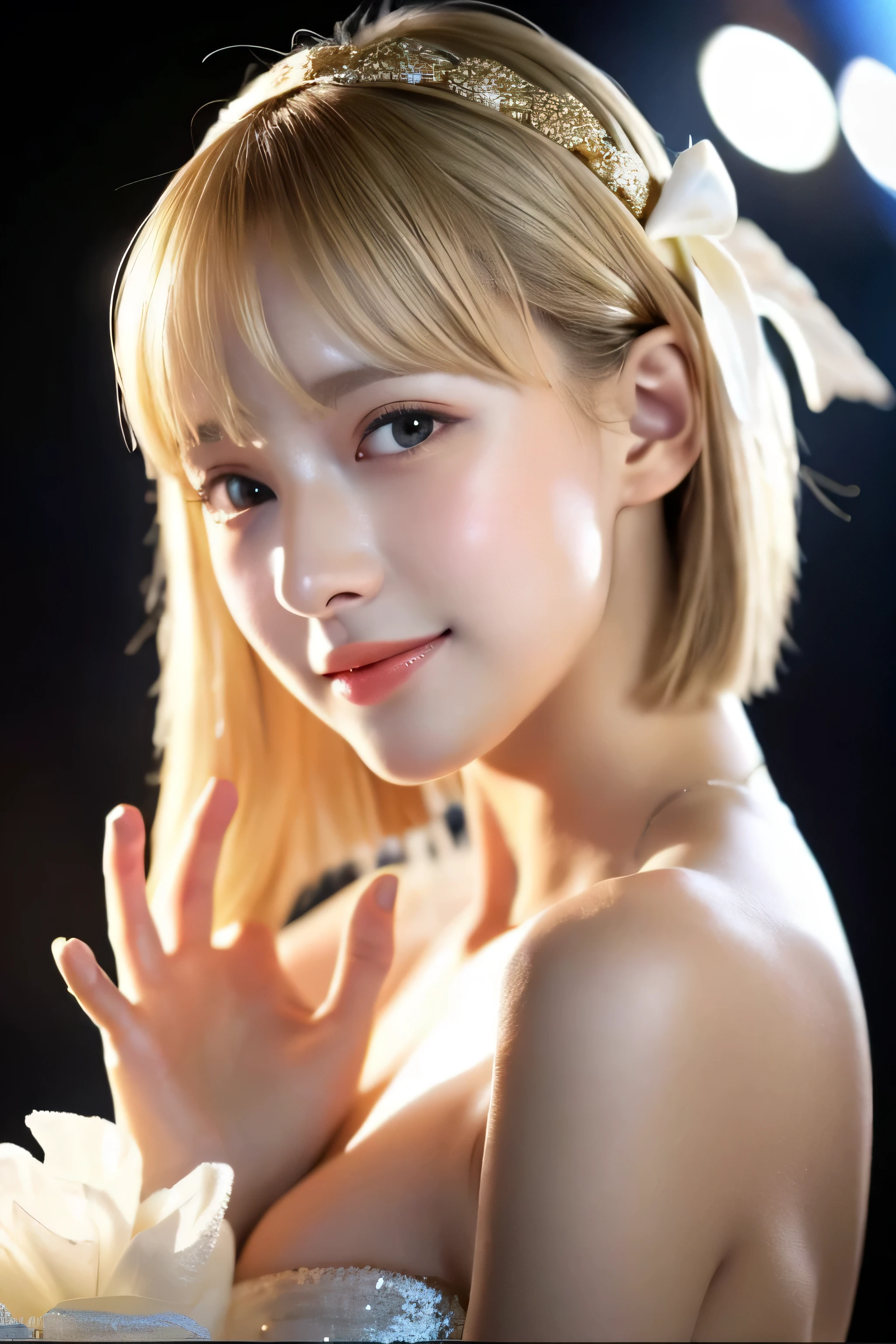 Greek warships、8K、real photos、ultra high resolution, master parts, highest quality, ticker , cinematic images,nice girl、Ann、16 years old、Annグロサクソン、double eyelid、droopy eyes、very big eyes、eye shadow、 very detailed , blonde、straight short hair、 sweet expression 、smile、charming gaze、A little embarrassed、thin lips ,beautiful long nose、the tip of the nose is small、very beautiful woman、long supple legs、 very clear shadow , jewelry , sexy , fine eyes, Very difficult, shiny skin , パーフェクトブリリAnnト, perfect sentence, dramatic shadow ,white tiara on head、white dress with gold embroidery、white angel wings from behind the back、white bouquet in both hands、glass high heels, perfect face