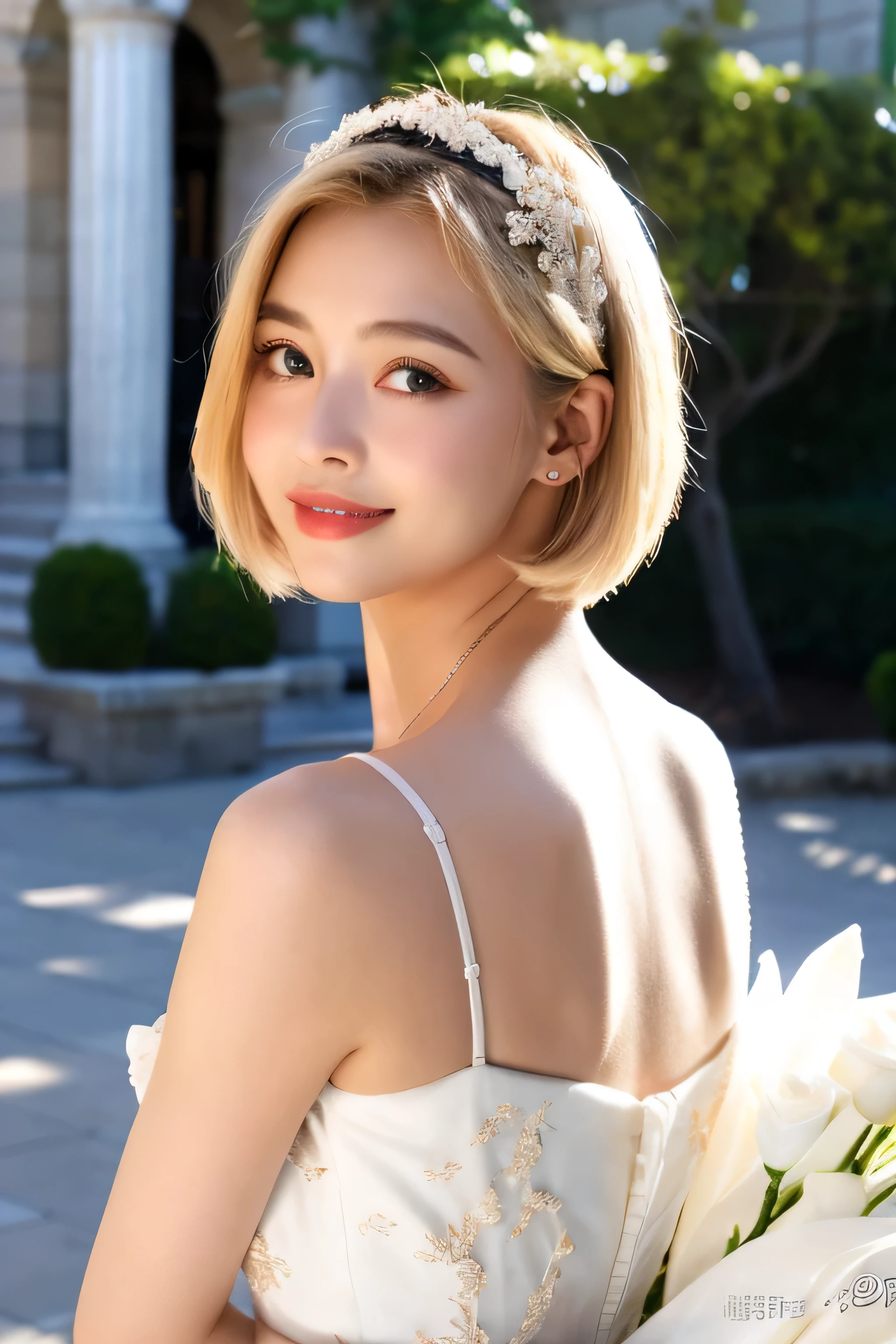 Greek warships、8K、real photos、ultra high resolution, master parts, highest quality, ticker , cinematic images,nice girl、Ann、16 years old、Annグロサクソン、double eyelid、droopy eyes、very big eyes、eye shadow、 very detailed , blonde、straight short hair、 sweet expression 、smile、charming gaze、A little embarrassed、thin lips ,beautiful long nose、the tip of the nose is small、very beautiful woman、long supple legs、 very clear shadow , jewelry , sexy , fine eyes, Very difficult, shiny skin , パーフェクトブリリAnnト, perfect sentence, dramatic shadow ,white tiara on head、white dress with gold embroidery、white angel wings from behind the back、white bouquet in both hands、glass high heels, perfect face