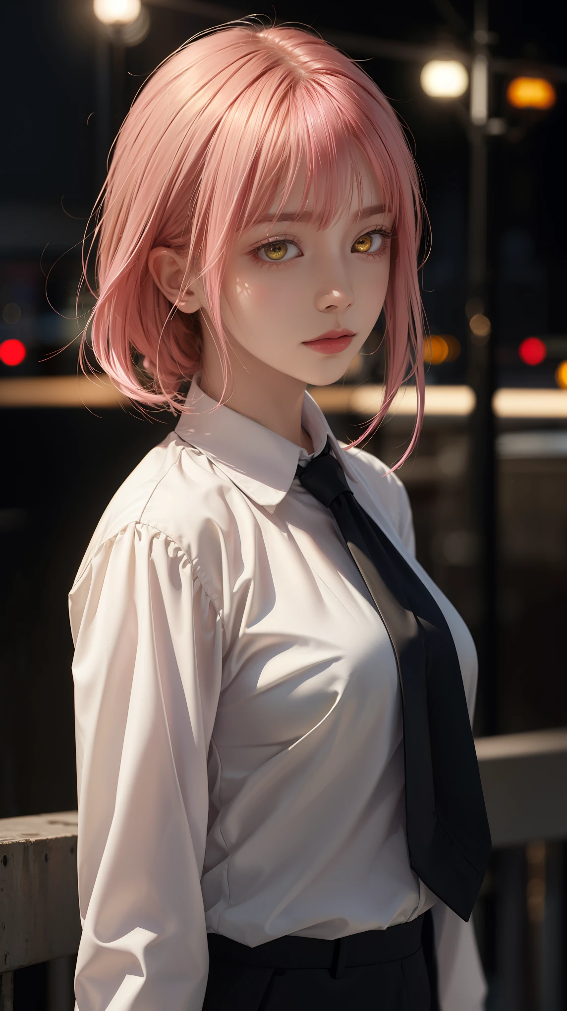upper body, (masterpiece), detailed background, perfect lighting, 1girl, bangs, medium breasts, blouse,pink hair, yellow eyes, city, urban, bokeh, depth of field, | wear black tie |,makima \(chainsaw man\),makima\(chainsaw man\),makimacsm,half body