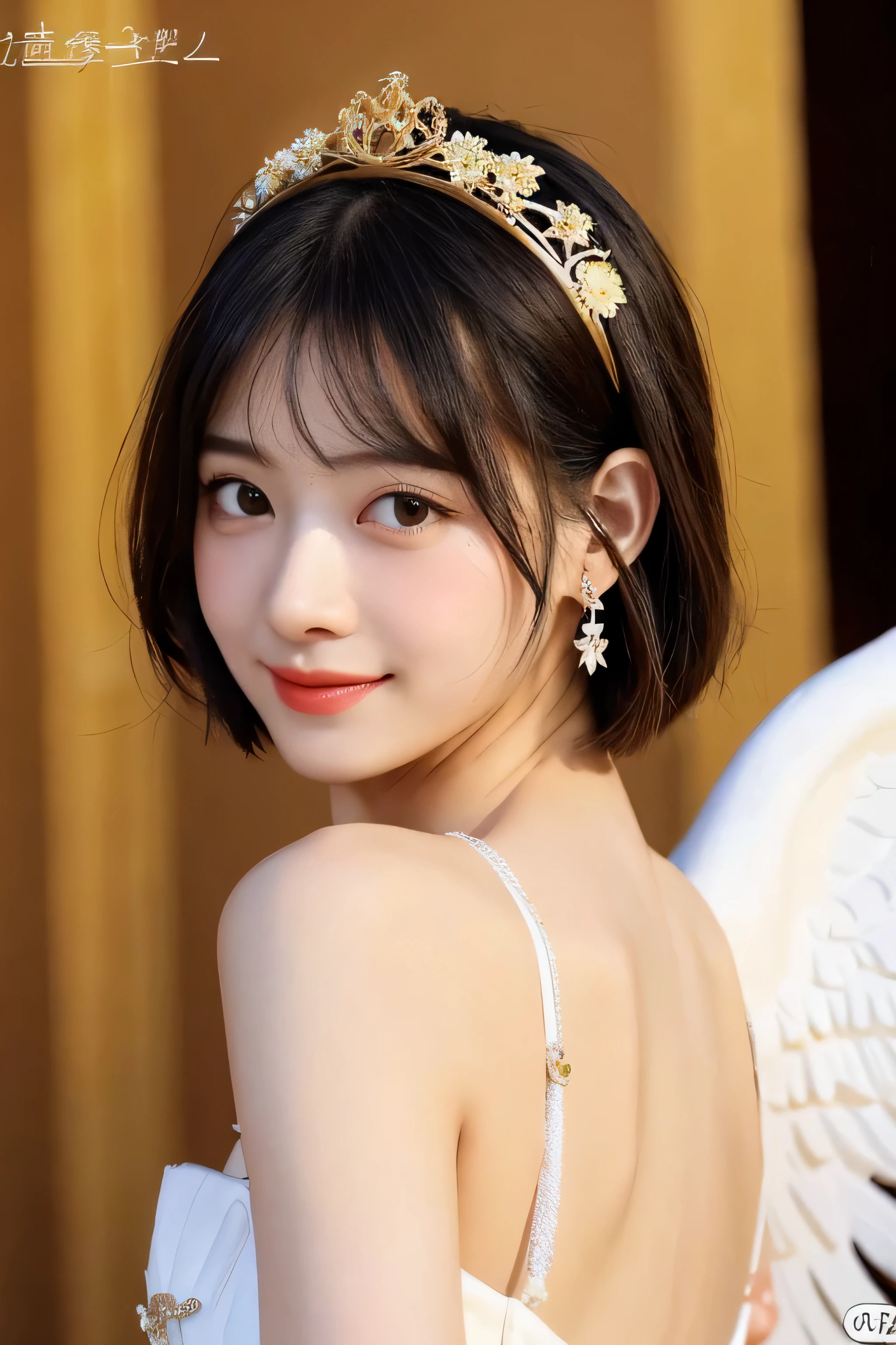 Greek warships、8K、real photos、ultra high resolution, master parts, highest quality, nffsw , cinematic images,nice girl、Ann、、Annグロサクソン、double eyelid、droopy eyes、very big eyes、dark eye shadow、 very detailed , blonde、straight short hair、 sweet expression 、smile、charming gaze、A little embarrassed、thin lips ,beautiful long nose、the tip of the nose is small、very beautiful woman、long supple legs、 very clear shadows , gem ,fine eyes, Very difficult, shiny skin , パーフェクトブリリAnnト, perfect lighting, dramatic shadow ,white tiara on head、white dress with gold embroidery、white angel wings from behind the back、white bouquet in both hands、glass high heels