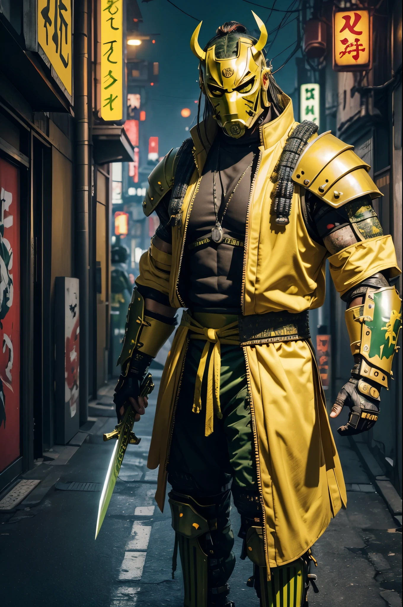 (urban samurai Wearing a Demon Mask:1.35),full body,(Armed with a long and large Japanese sword),facing front,(yellow and green cyberpunk military cloth armor:1.5),(cyberpunk Tokyo city background),(best quality,4k,8k,highres,masterpiece:1.2),ultra-detailed,(realistic,photorealistic,photo-realistic:1.37),portraits,vivid colors,sharp focus,HDR,UHD,studio lighting,bokeh