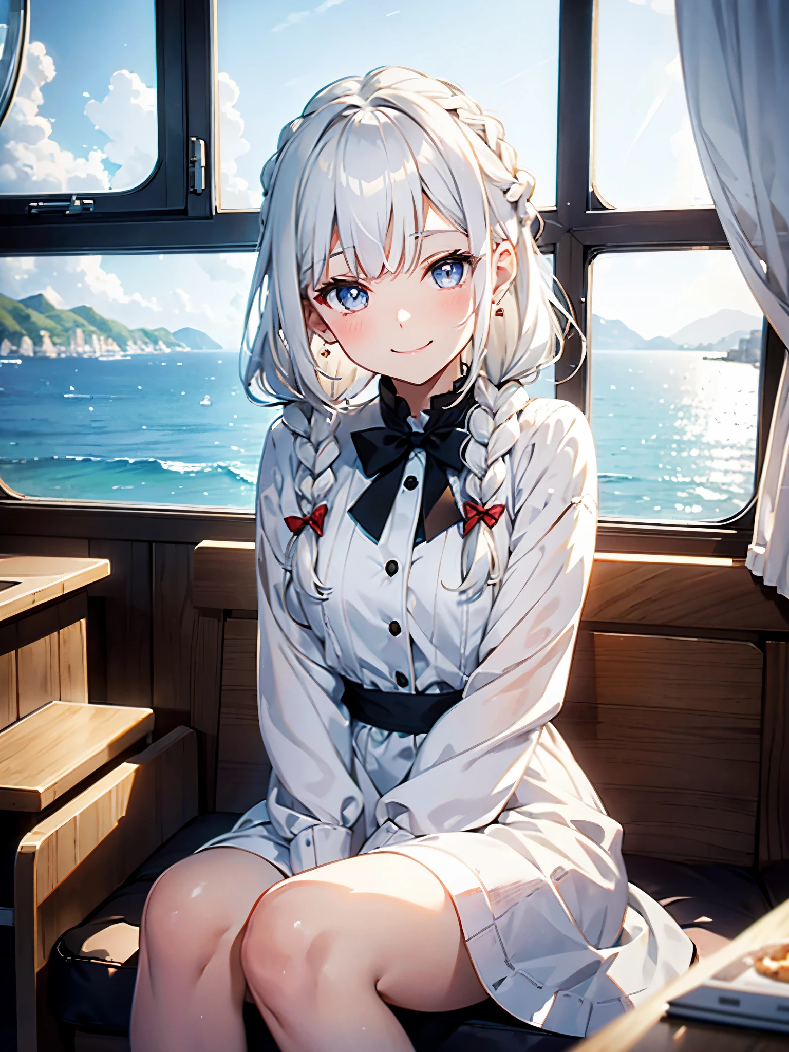 white hair girl,Smiling,Quirky,Brown pupils,Wearing a plain white dress,French braid,Tall,Lively,To the camera Biye,sitting in yacht,Outside the window is the sea,Phoenix Eyes,enchanted