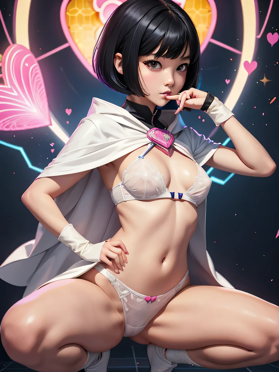 super girl elementary school student, masterpiece, highest quality, abstract, psychedelic, neon, (honeycomb pattern), (creative:1.3), fantasy 00d、 black hair、bob cut with trimmed ends、flat chest、Thin crotch、con、belly button、High-leg style、white cloak with pink pattern、pointed nipples、white panties、(((squat)))、transparent clothes、Heart particles are released from the pants..、hand to mouth