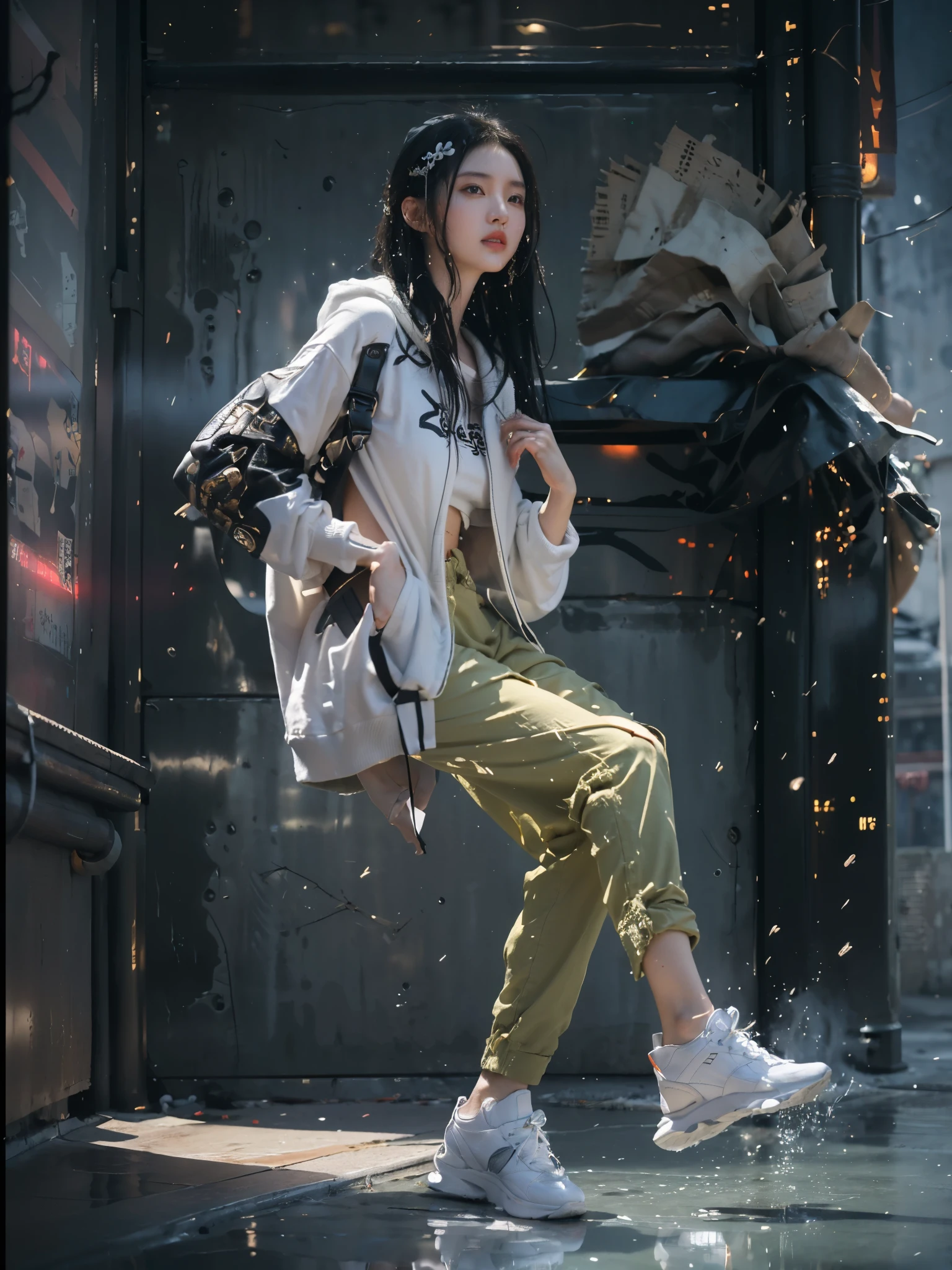 Dancing, woman dancing pose, Best quality at best, Raw image, realistic texture, ((reflection)), steampunk city of Japanese, village of Japanese, japan gate, Chinese architecture, Japanese architecture, 1girl, beautiful chinese face, eye focus, (girl focus), wear focus, sneaker focus, (relax pose), relax hand, black gradient white hair, epic dramatic cinematic tone, soft lighting, (( perfect female hair masterpiece)), (SLIM long PANTS), light black hair, 18-year-old face woman, detail of beautiful eye masterpiece, pores1.5, detail skin masterpiece, realistic shadow, slender legs, very slender female physique, yellow jumper hoodie, oversize hoodie, cotton wearing masterpiece, realistic texture sneakers shoe, tall girl, brunette black hair, Chinese woman, Live the life of Riley, ((long solid cotton trousers)), clear sky, cyberpunk style, (youth sneaker shoe), ((Depth of field super bokeh)), reflection, lighting from side masterpiece, dramatic side lighting, Background blur, light ray realistic masterpiece, warm sun light, warm ray light, glow lighting, random light color for the best combination, (best texture masterpiece (texture girl cotton wearing, book, television, radio, box, realistic alleyway, realistic brick walls, realistic doors, realistic windows, realistic ground texture, realistic cobblestone, realistic paved ground, realistic street lights, realistic neon signs, realistic beverage cans, realistic bottles, realistic posters, realistic graffiti, realistic drain pipes, realistic wiring, realistic sky, realistic rooftop, realistic plants, realistic weeds, realistic parked bicycles, realistic wood material, realistic puddles, realistic wet)), vivid color, vivid glow color masterpiece, slim cotton trousers, youth hoodie, super cotton wearing, beauti face, ((random best contrast setting)), japan gate, japan wood pillar, ((Japanese building)), cyberpunk city, water, water in the ground, wet in the ground, (ultra wall texture),((vivid color)),