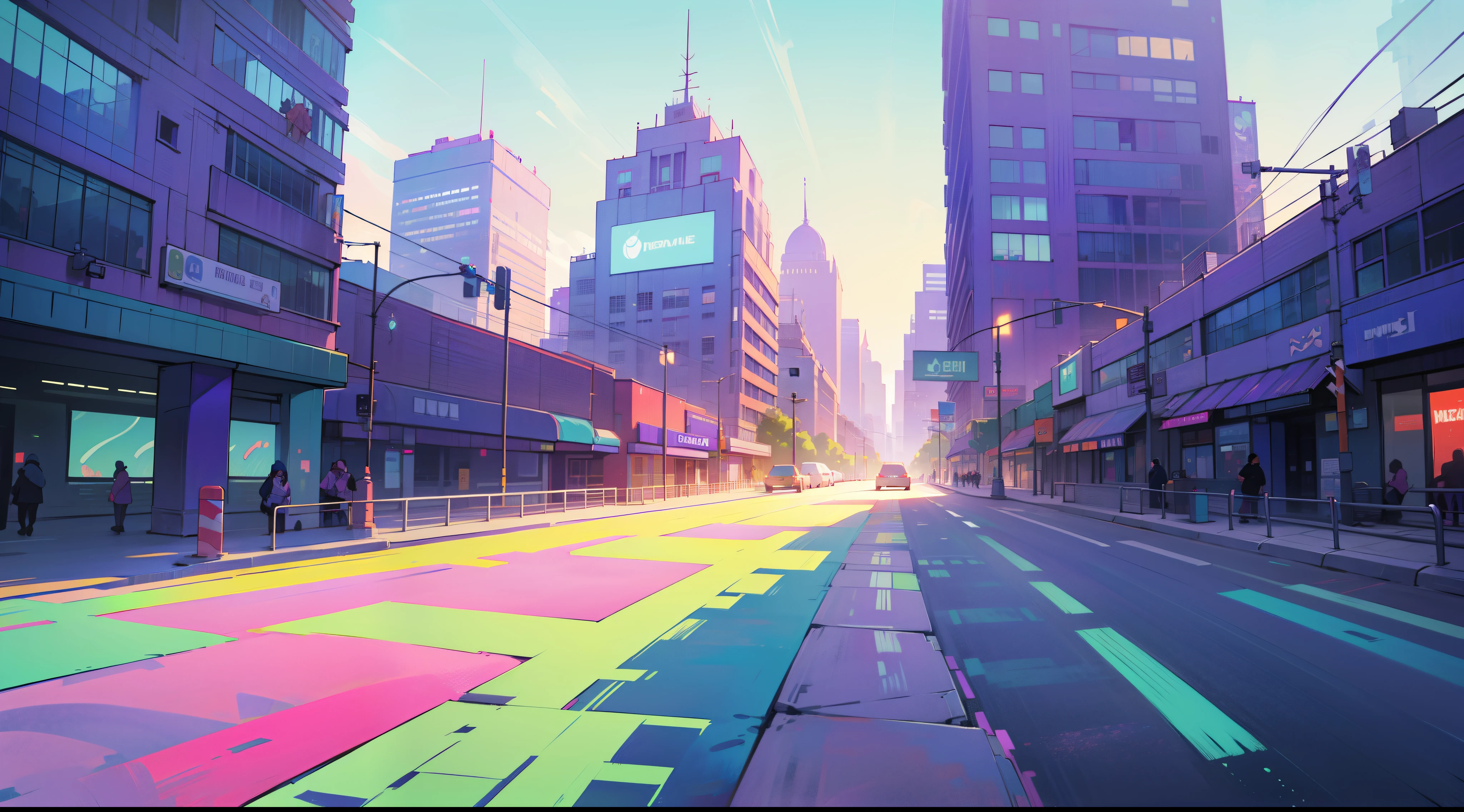 Mexico City, downtown avenue, dawn (((without people))) street level view, purple and turquoise color harmony