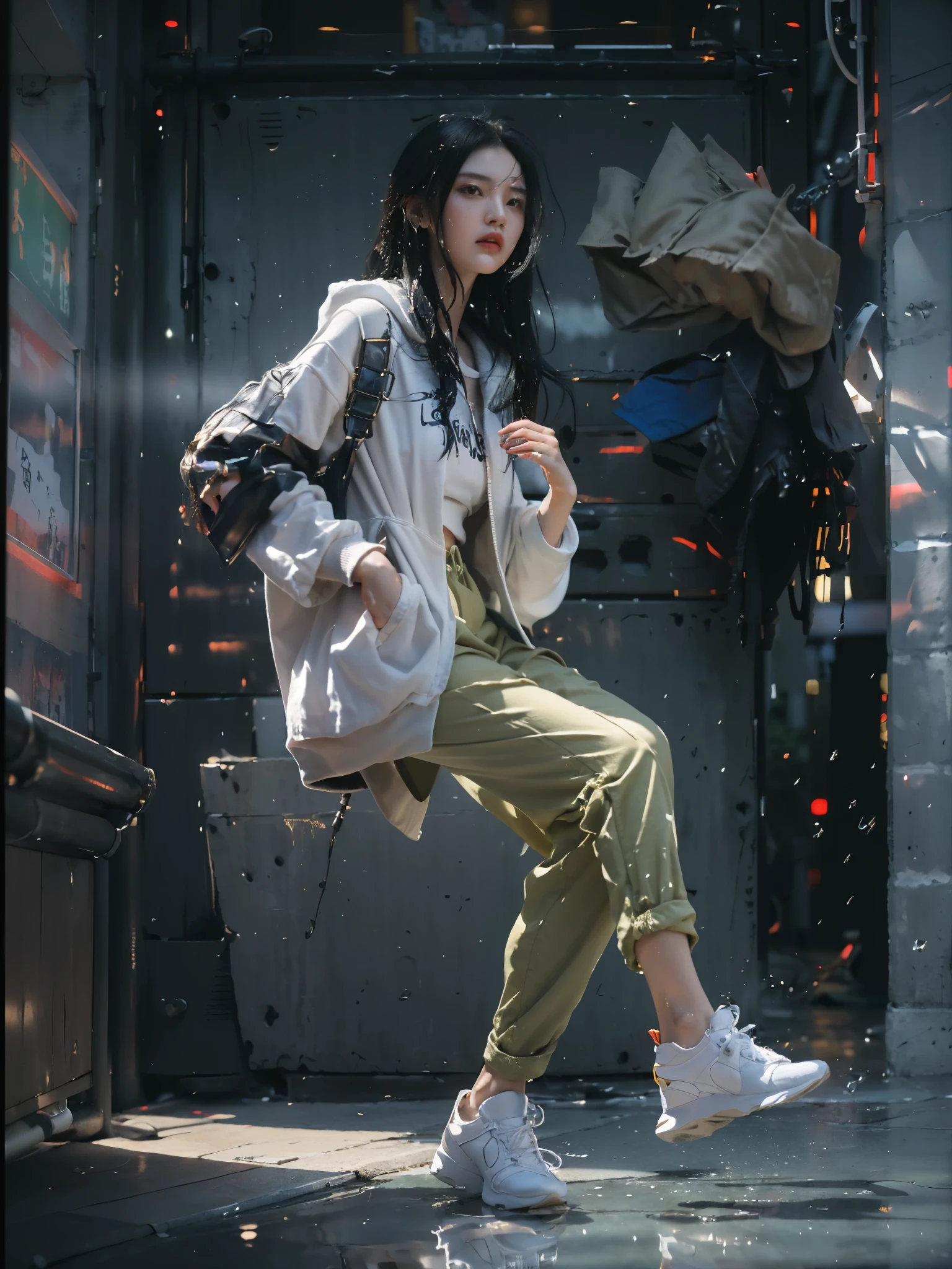 Dancing, woman dancing pose, Best quality at best, Raw image, realistic texture, ((reflection)), steampunk city of Japanese, village of Japanese, japan gate, Chinese architecture, Japanese architecture, 1girl, beautiful chinese face, eye focus, (girl focus), wear focus, sneaker focus, (relax pose), relax hand, black gradient white hair, epic dramatic cinematic tone, soft lighting, (( perfect female hair masterpiece)), (SLIM long PANTS), light black hair, 18-year-old face woman, detail of beautiful eye masterpiece, pores1.5, detail skin masterpiece, realistic shadow, slender legs, very slender female physique, yellow jumper hoodie, oversize hoodie, cotton wearing masterpiece, realistic texture sneakers shoe, tall girl, brunette black hair, Chinese woman, Live the life of Riley, ((long solid cotton trousers)), clear sky, cyberpunk style, (youth sneaker shoe), ((Depth of field super bokeh)), reflection, lighting from side masterpiece, dramatic side lighting, Background blur, light ray realistic masterpiece, warm sun light, warm ray light, glow lighting, random light color for the best combination, (best texture masterpiece (texture girl cotton wearing, book, television, radio, box, realistic alleyway, realistic brick walls, realistic doors, realistic windows, realistic ground texture, realistic cobblestone, realistic paved ground, realistic street lights, realistic neon signs, realistic beverage cans, realistic bottles, realistic posters, realistic graffiti, realistic drain pipes, realistic wiring, realistic sky, realistic rooftop, realistic plants, realistic weeds, realistic parked bicycles, realistic wood material, realistic puddles, realistic wet)), vivid color, vivid glow color masterpiece, slim cotton trousers, youth hoodie, super cotton wearing, beauti face, ((random best contrast setting)), japan gate, japan wood pillar, ((Japanese building)), cyberpunk city, water, water in the ground, wet in the ground, (ultra wall texture),((vivid color)),