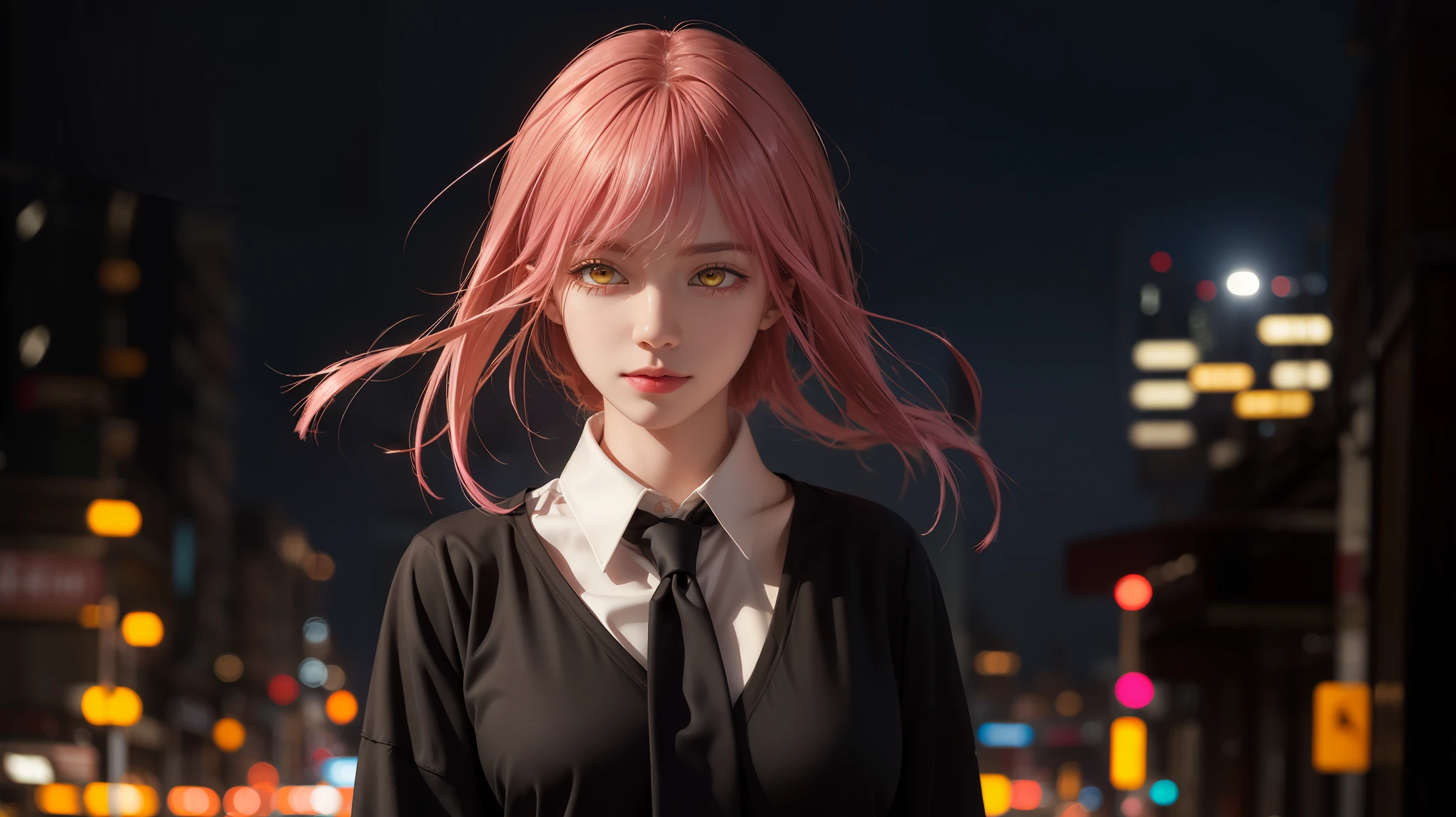 upper body, (masterpiece), detailed background, perfect lighting, 1girl, bangs, medium breasts, blouse,pink hair, yellow eyes, city, urban, bokeh, depth of field, | wear black tie |,makima \(chainsaw man\),makima\(chainsaw man\),makimacsm,half body