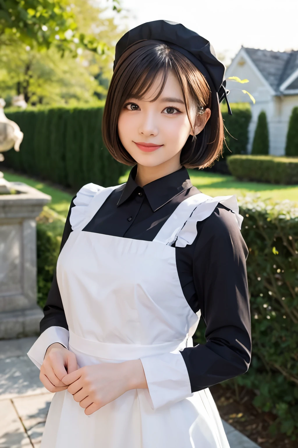(8K, Raw photo:1.2), Detailed face and eyes,Best Quality, 超A high resolution, Highly detailed ,intricate detailes ,masutepiece ,Cute Girl , Soft cinematic light, Hyper-detailing,Sharp Focus, High quality,standing, (fold hands in front of body:1.1), (from front:1.3), cowboy shot, black hair, bob cuts, medium breasts, charming smile, black long sleeves, white cuffs, white collars, maid black long dress, white apron, maid headdress