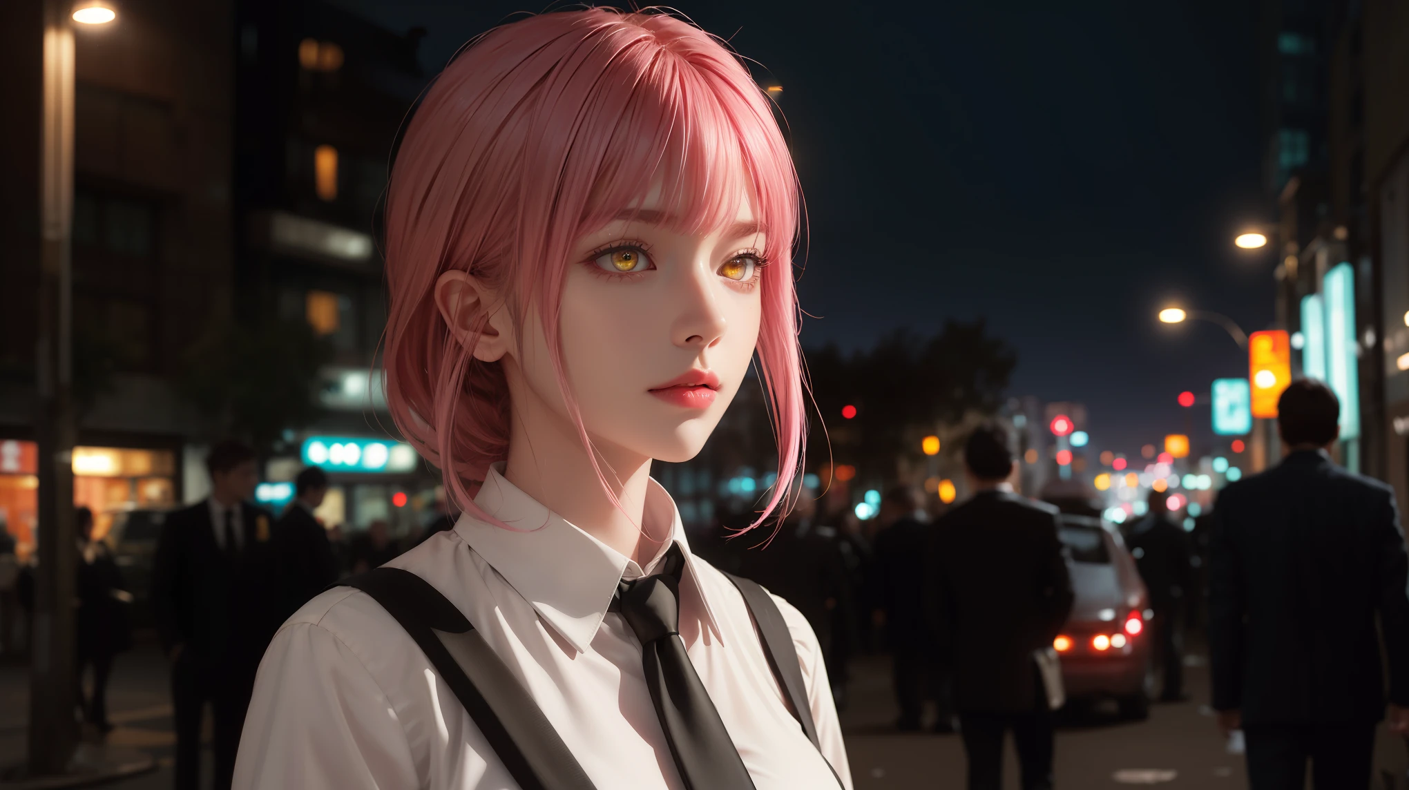 upper body, (masterpiece), detailed background, perfect lighting, 1girl, bangs, medium breasts, blouse,pink hair, yellow eyes, city, urban, bokeh, depth of field, | wear black tie |,makima \(chainsaw man\),makima\(chainsaw man\),makimacsm,half body