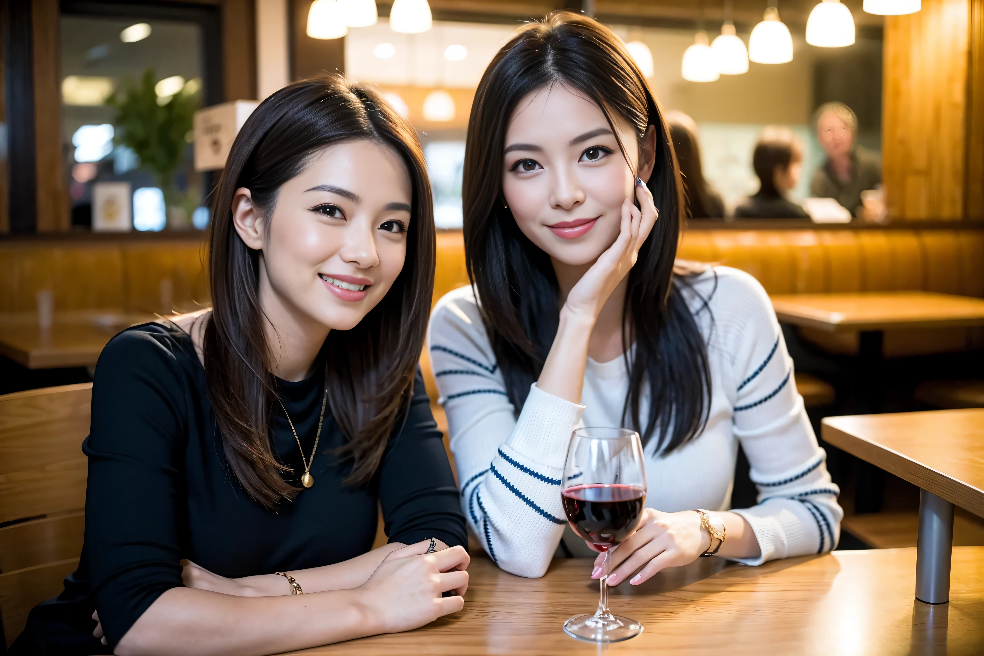 64k, UHD, highest quality, masterpiece: 1.2), (realistic, photorealistic: 1.37),やわらかなsmile、gentle expression、 Super detailed, celebration party、beauty、charm、beautiful mature woman、3 women who love wine、three men、Tokyo、Yokohama、Paris、venice、Rome、Champagne、sparkling wine、winter night、restaurantでワイン宴会、(slimな男女4名),(Wine party for 5 people)、(slimフェイス),Happy、 最高なsmile、Fox Face、Berry Short、(because I'thin), (brown hair), (shortcut), long sleeve shirt、winter fashion、Columbia、Brazilian、Japanese、Dutch、German、Portuguese、Belgian、Italian、French, (Squirting), (slimボティ), (brown hair), (shortcut), 端正なbeauty、cheeks blush a little, (41 years old), 38 years old, 35 years old、32 years old、 A beautiful and detailed night view spreads out outside the window..........., restaurant, wine glassが座っている, At night, in a prominent place (from the Upper body) nova frog style, actress, model, Upper body, White wine, slim, wine glass, Very beautiful night view, wine glass Put in the Middle, Happy smile, (smile: 1.15),