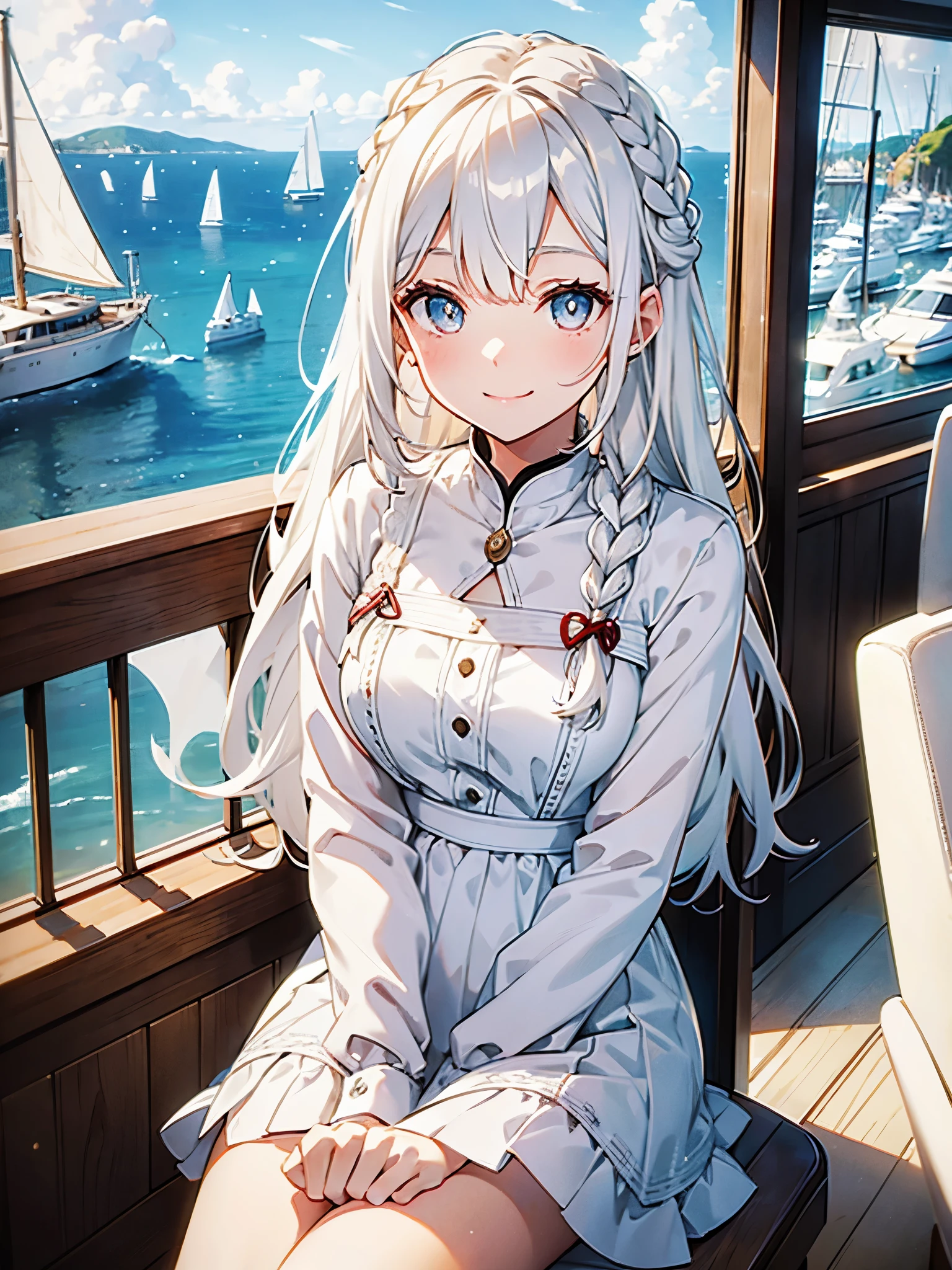 white hair girl，Smiling，Quirky，Brown pupils，Wearing a plain white dress，French braid，Tall，Lively，To the camera Biye，sitting in yacht，Outside the window is the sea，Phoenix Eyes，enchanted