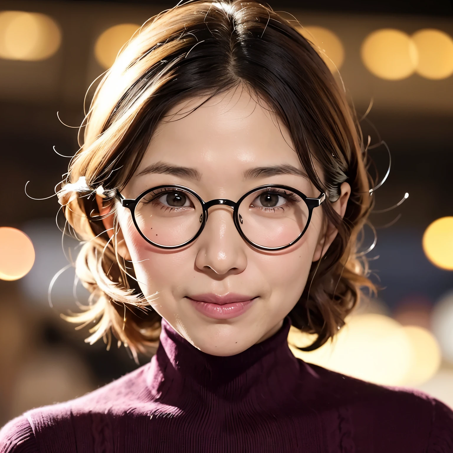 (highest quality、table top、8K、best image quality、Award-winning work、ultra high resolution)、1 girl、(1 40 year old mature woman:1.1)、(wrinkled face:1.1)、(Turtleneck knitwear:1.3)、elegant long wavy hair、(Classy glasses:1.1)、epic movie lighting、very moody and romantic lighting、It&#39;s snowing、Shinjuku at night、Glittering night view、blurry night view、perfect anatomy、slender body, look at me and smile、perfect makeup、long eyelashes、ultra high resolutionの煌めく瞳、ultra high resolutionの髪の毛、ultra high resolutionの艶のある唇、ultra high resolutionの美しい歯、ultra high resolutionの可愛い顔、blurred background、Premonition of romantic love、(close up of face:1.5)、(look at me and smile:1.1)