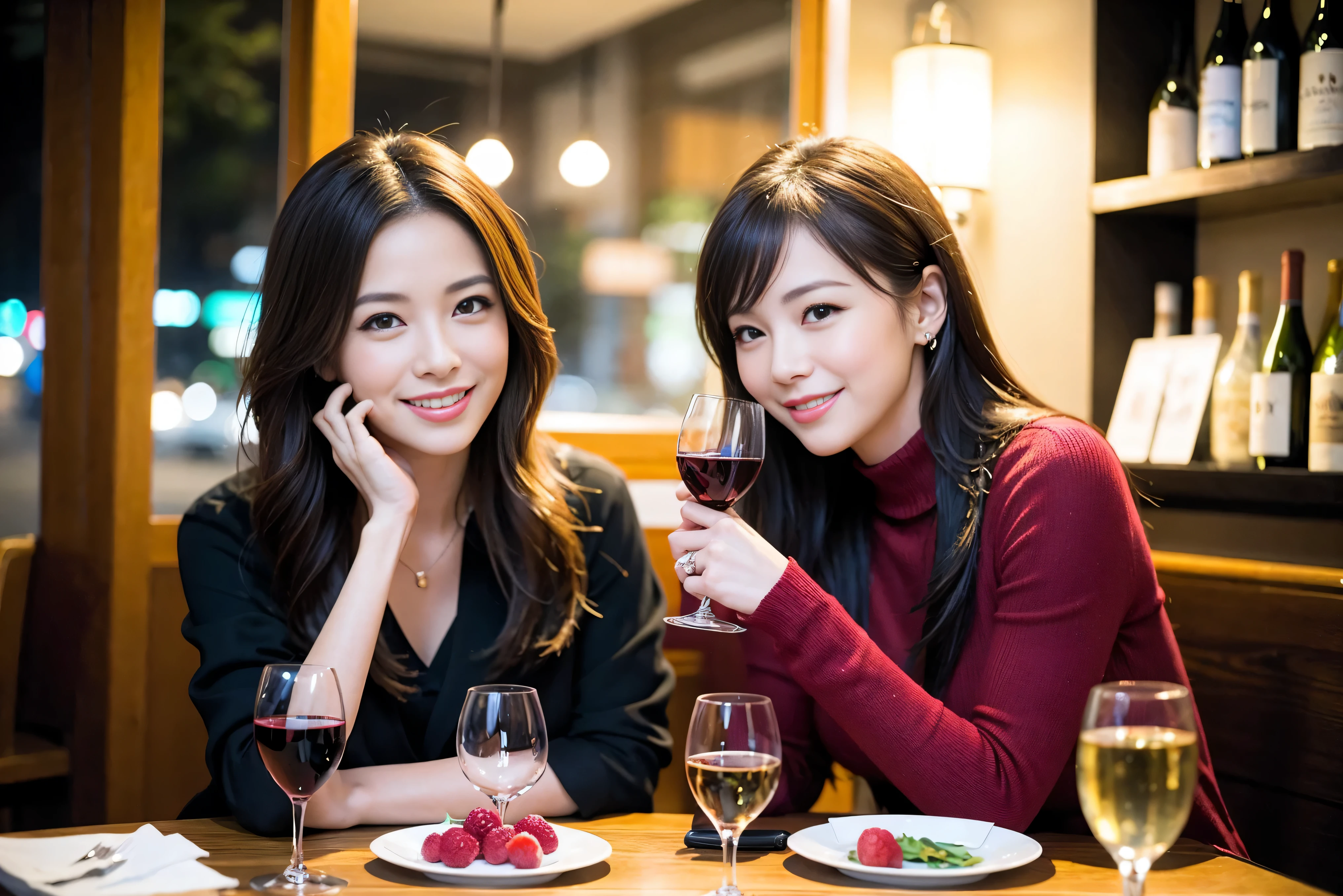 64k, UHD, highest quality, masterpiece: 1.2), (realistic, photorealistic: 1.37),やわらかなsmile、gentle expression、 Super detailed, celebration party、beauty、charm、beautiful mature woman、3 women who love wine、three men、Tokyo、Yokohama、Paris、venice、Rome、Champagne、sparkling wine、winter night、restaurantでワイン宴会、(slimな男女4名),(Wine party for 5 people)、(slimフェイス),Happy、 最高なsmile、Fox Face、Berry Short、(because I'thin), (brown hair), (shortcut), long sleeve shirt、winter fashion、Columbia、Brazilian、Japanese、Dutch、German、Portuguese、Belgian、Italian、French, (Squirting), (slimボティ), (brown hair), (shortcut), 端正なbeauty、cheeks blush a little, (41 years old), 38 years old, 35 years old、32 years old、 A beautiful and detailed night view spreads out outside the window..........., restaurant, wine glassが座っている, At night, in a prominent place (from the Upper body) nova frog style, actress, model, Upper body, White wine, slim, wine glass, Very beautiful night view, wine glass Put in the Middle, Happy smile, (smile: 1.15),
