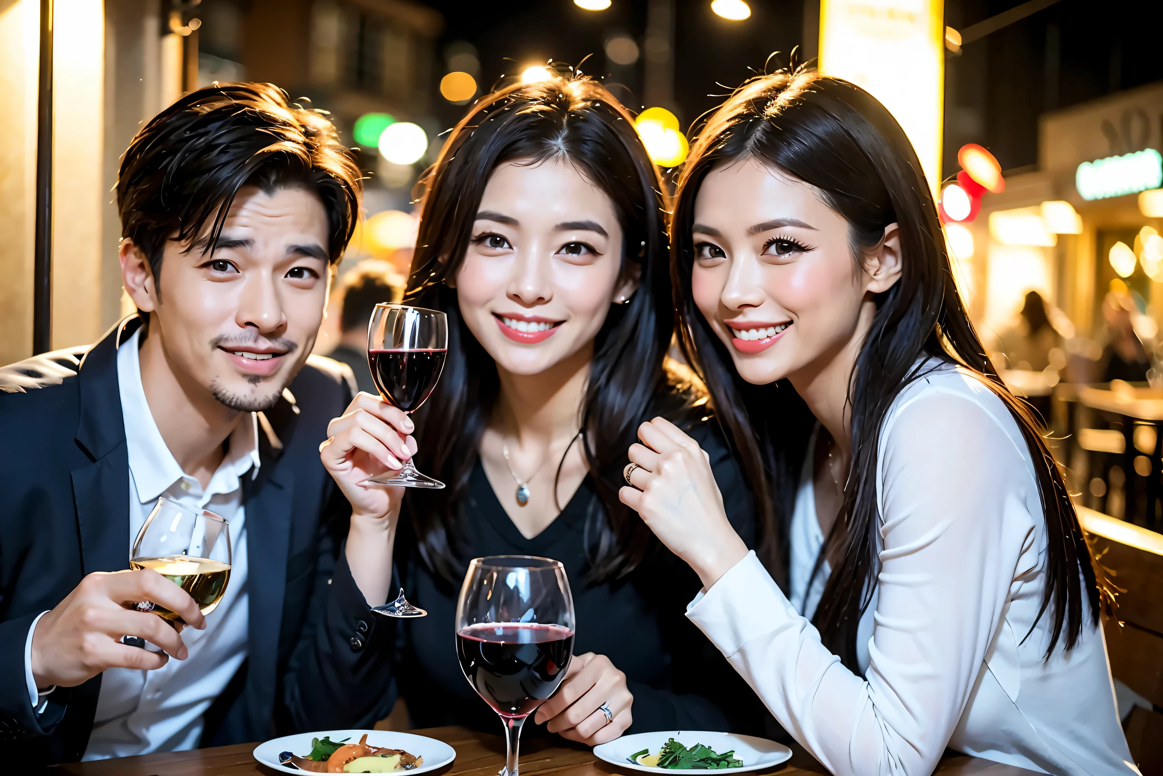 64k, UHD, highest quality, masterpiece: 1.2), (realistic, photorealistic: 1.37),やわらかなsmile、gentle expression、 Super detailed, celebration party、beauty、charm、beautiful mature woman、3 women who love wine、three men、Tokyo、Yokohama、Paris、London、venice、Rome、Champagne、sparkling wine、winter night、restaurantでワイン宴会、(slimな男女4名),(Wine party for 5 people)、(slimフェイス),Happy、 最高なsmile、Fox Face、Berry Short、(because I&#39;thin), (brown hair), (shortcut), long sleeve shirt、winter fashion、Columbia、Brazilian、Japanese、Dutch、German、Portuguese、Belgian、Italian、French, (Squirting), (slimボティ), (brown hair), (shortcut), 端正なbeauty、cheeks blush a little, (41 years old), 38 years old, 35 years old、32 years old、 A beautiful and detailed night view spreads out outside the window..........., restaurant, wine glassが座っている, At night, in a prominent place (from the Upper body) nova frog style, actress, model, Upper body, White wine, slim, wine glass, Very beautiful night view, wine glass Put in the Middle, Happy smile, (smile: 1.15), 