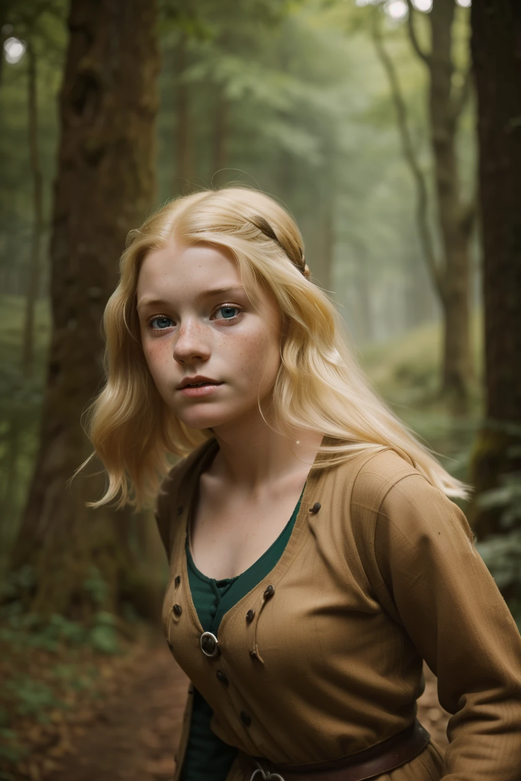 England, 1337. A young ((((18-year-old)) Gwenda)), strong, rustic, freckles all over her face, in the forest, running for her life, ((scared expression)). ((((clothings from the 1300s)))), ((blond hairstyle of the 1300s))