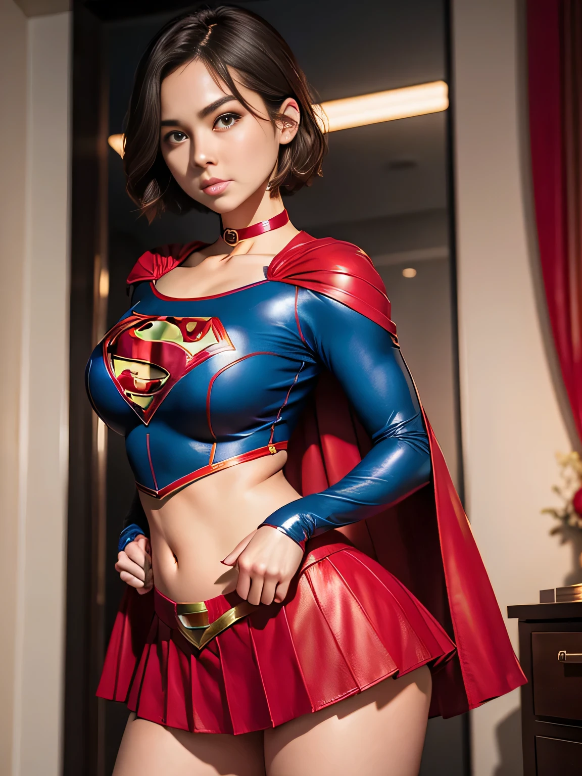 masterpiece、Shorthair Supergirl、big and full breasts、look at the camera、shiny costume、choker、red mini skirt、long sleeve、comic book cover、obscene、seductive pose、provocative、sensational
