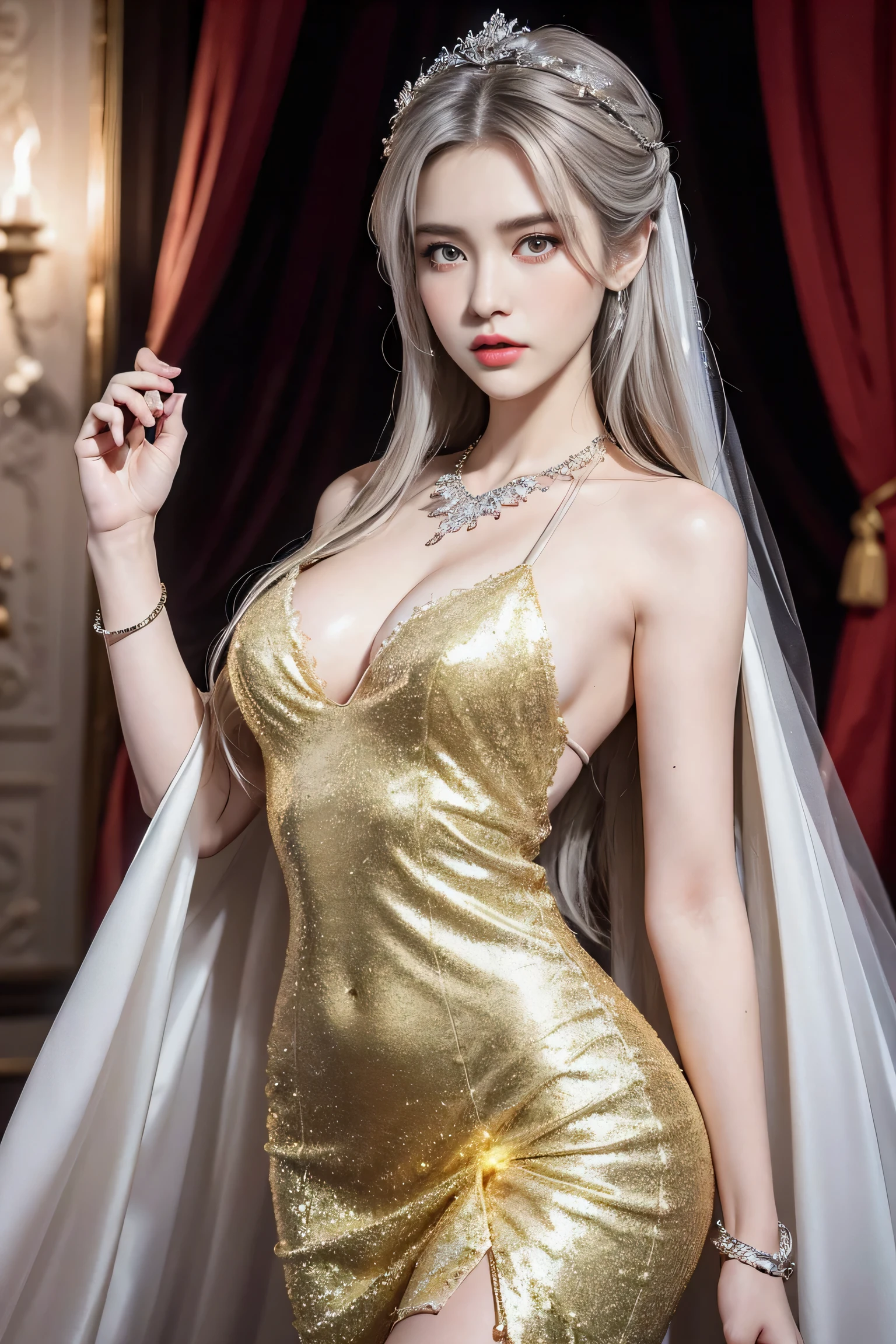best work,Super high quality work,4K:2.0,ultra high definition,8K HD CG production,High quality graphics,3D high-definition CG photos,Ultra high pixels,Super exquisite:1.1,technical details:1.1,室内灯Light effect果:1.1,Natural dimming,Light effect,Ultra high resolution large files,fashion clothing photos,Exquisite and sexy woman,A mature and sexy woman,Royal sister temperament,Characteristics of European and American women,Mixed-race beauty,Temperamental type goddess,silver hair,She has long white and silver hair,clear hair,Careful hair texture(Premium hair details:1.1)Beautiful and delicate eyebrows and eyelashes,big eyes,light red eyes,sexy red lips,perfect lip shape,clear skin texture,hydrated skin(Advanced facial details:1.1)The face of a perfect goddess,perfect body shape,top supermodel,devilish figure,Buttocks raised,Men’s waists are all thin,long legs,(Advanced skin details:1.1),Smooth,Wear evening gown,moneydress, ((glow dress:1.5))sequin evening dress,dress dress,silk scarf,lace dress(Premium lace details:1.1)money,High heel,livestock,Wear jewelry,ear nipple ring,necklace,bracelet,Having dinner,full-body shot,Costume Art Photos,high quality work