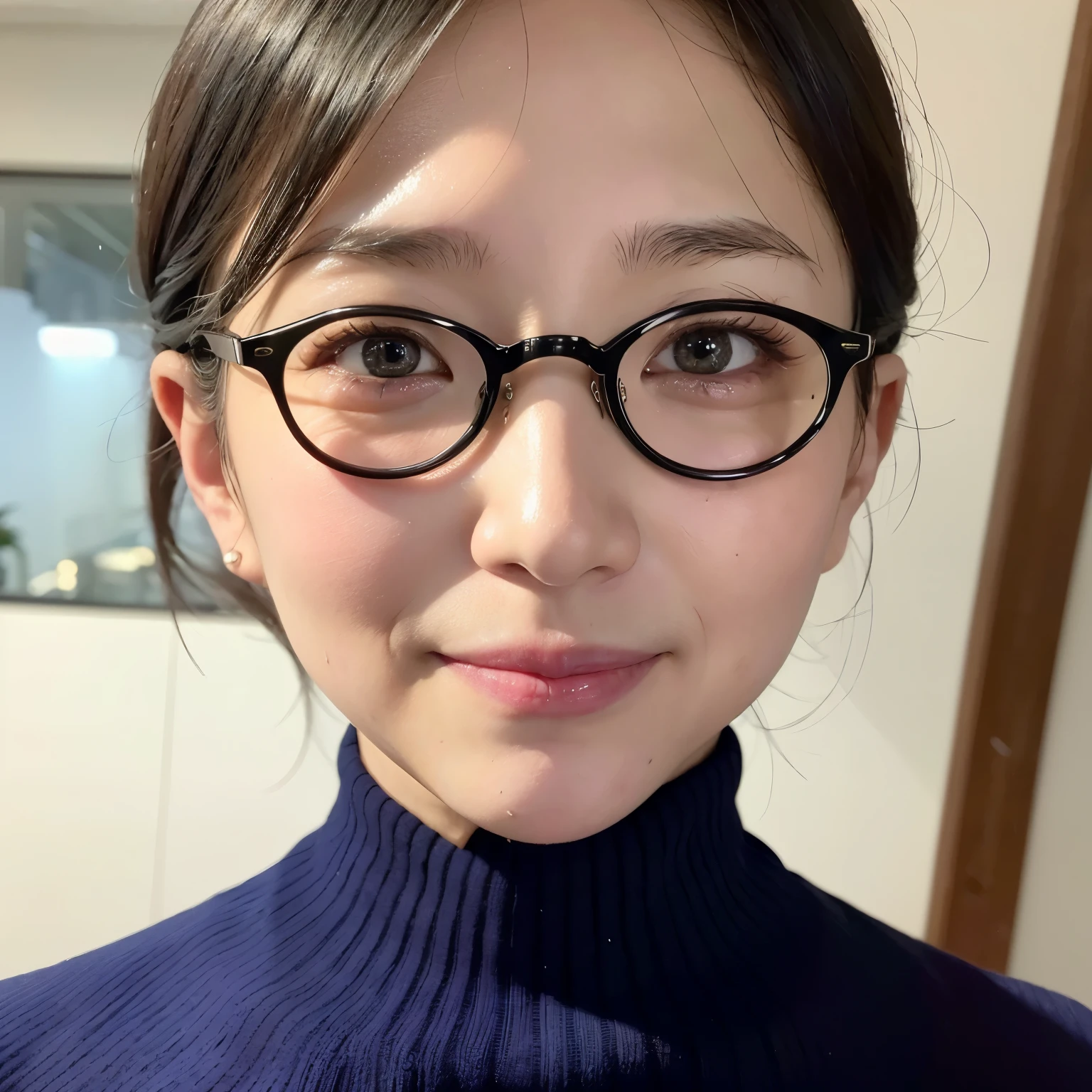 (highest quality、table top、8K、best image quality、Award-winning work、ultra high resolution)、1 girl、(1 50 year old mature woman:1.1)、(wrinkled face:1.1)、(Turtleneck knitwear:1.3)、elegant hairstyle、(Classy glasses:1.1)、epic movie lighting、very moody and romantic lighting、It's snowing、Shinjuku at night、Glittering night view、blurry night view、perfect anatomy、slender body, look at me and smile、perfect makeup、long eyelashes、ultra high resolutionの煌めく瞳、ultra high resolutionの髪の毛、ultra high resolutionの艶のある唇、ultra high resolutionの美しい歯、ultra high resolutionの可愛い顔、blurred background、Premonition of romantic love、(close up of face:1.5)、(look at me and smile:1.1)
