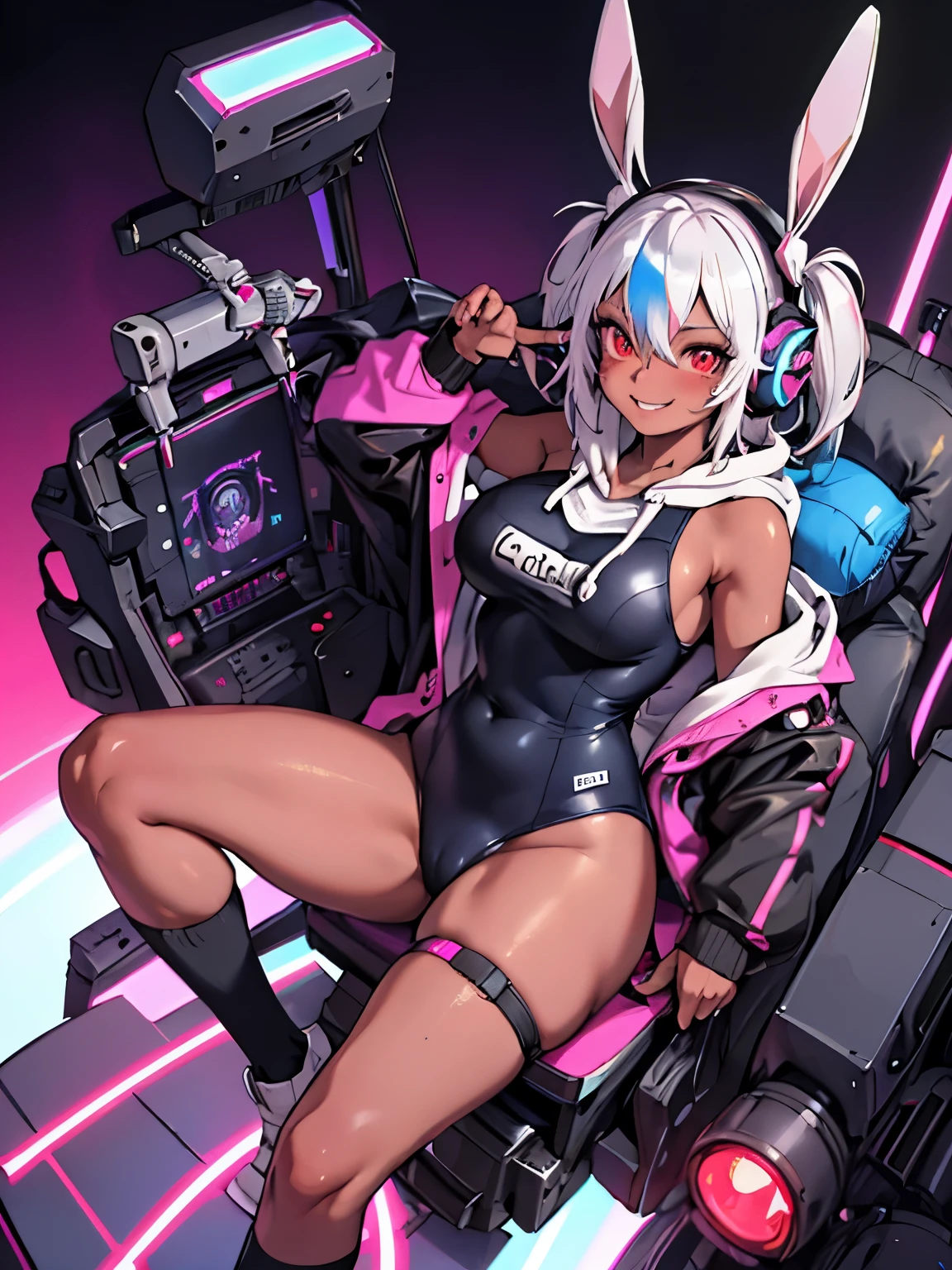 (highest quality), Angle from above:1.2,1 female, alone, Shining school swimsuit,double big round eyes,two tone hair,((two side up)),red eyes, (black skin),blush,smile, (open chest:1.1),Cyberpunk world,dynamic composition,Big breasts,Socks above the knee,Psychedelic color scheme,Iridescent background,rabbit ear headphones,turbo in the back,machine legs,rainbow colored screen,((cockpit of a complex machine)),look far away,(armor in the shape of a hoodie),Have a game controller