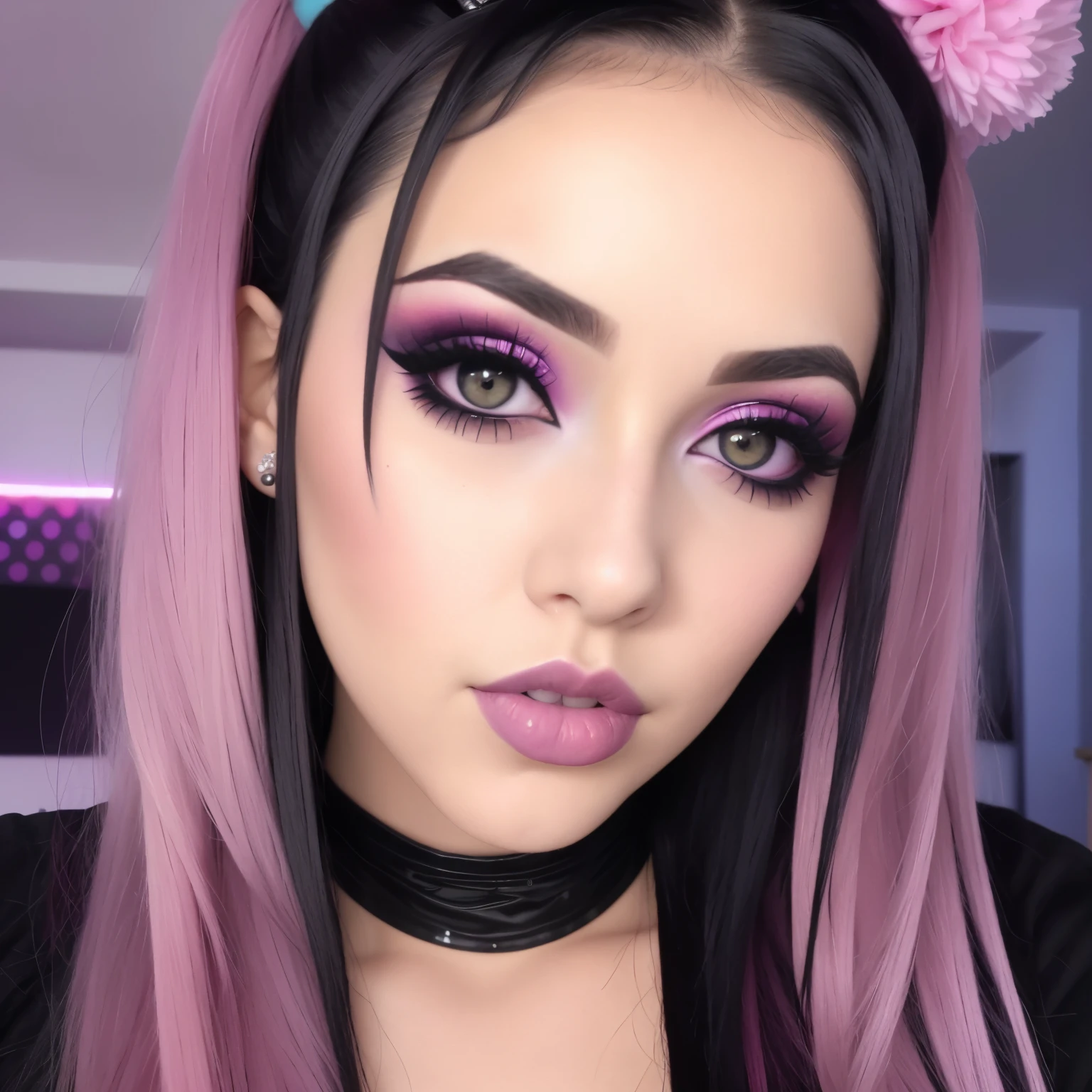 a close up of a woman with black hair and a pink makeup, sexy face with full makeup, black hair and large eyes, - ye old gogirl, moist shiny lips, wearing goth makeup, sexy face, piercing stare, markings on her face, close up face, bubble goth makeup