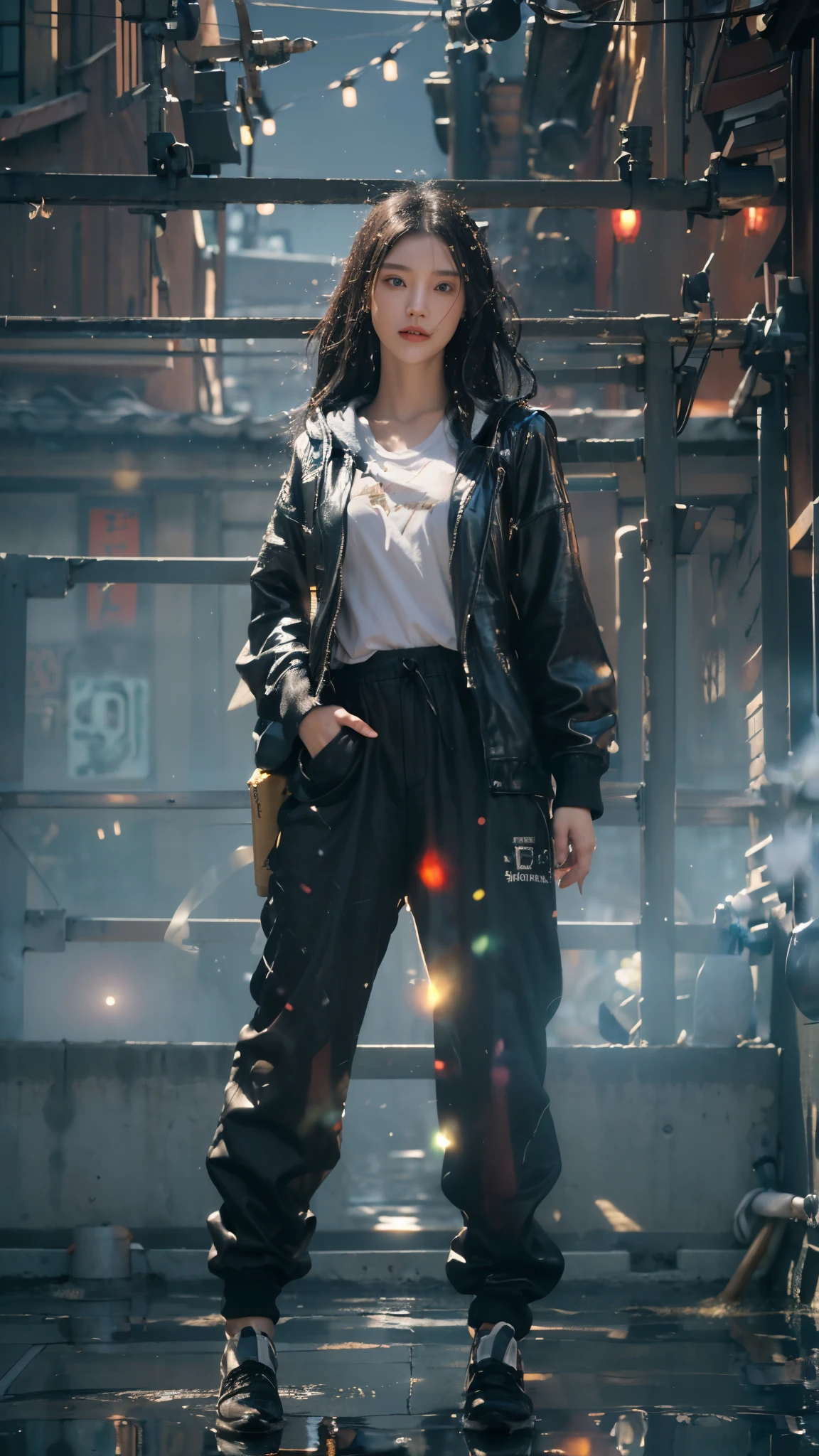 Dancing, woman dancing pose, Best quality at best, Raw image, realistic texture, ((reflection)), steampunk city of Japanese, village of Japanese, japan gate, Chinese architecture, Japanese architecture, 1girl, beautiful chinese face, eye focus, (girl focus), wear focus, sneaker focus, (relax pose), relax hand, black gradient white hair, epic dramatic cinematic tone, soft lighting, (( perfect female hair masterpiece)), (SLIM long PANTS), light black hair, 18-year-old face woman, detail of beautiful eye masterpiece, pores1.5, detail skin masterpiece, realistic shadow, slender legs, very slender female physique, yellow jumper hoodie, oversize hoodie, cotton wearing masterpiece, realistic texture sneakers shoe, tall girl, brunette black hair, Chinese woman, Live the life of Riley, ((long solid cotton trousers)), clear sky, cyberpunk style, (youth sneaker shoe), ((Depth of field super bokeh)), reflection, lighting from side masterpiece, dramatic side lighting, Background blur, light ray realistic masterpiece, warm sun light, warm ray light, glow lighting, random light color for the best combination, (best texture masterpiece (texture girl cotton wearing, book, television, radio, box, realistic alleyway, realistic brick walls, realistic doors, realistic windows, realistic ground texture, realistic cobblestone, realistic paved ground, realistic street lights, realistic neon signs, realistic beverage cans, realistic bottles, realistic posters, realistic graffiti, realistic drain pipes, realistic wiring, realistic sky, realistic rooftop, realistic plants, realistic weeds, realistic parked bicycles, realistic wood material, realistic puddles, realistic wet)), vivid color, vivid glow color masterpiece, slim cotton trousers, youth hoodie, super cotton wearing, beauti face, ((random best contrast setting)), japan gate, japan wood pillar, ((Japanese building)), cyberpunk city, water, water in the ground, wet in the ground, (ultra wall texture),((vivid color)),