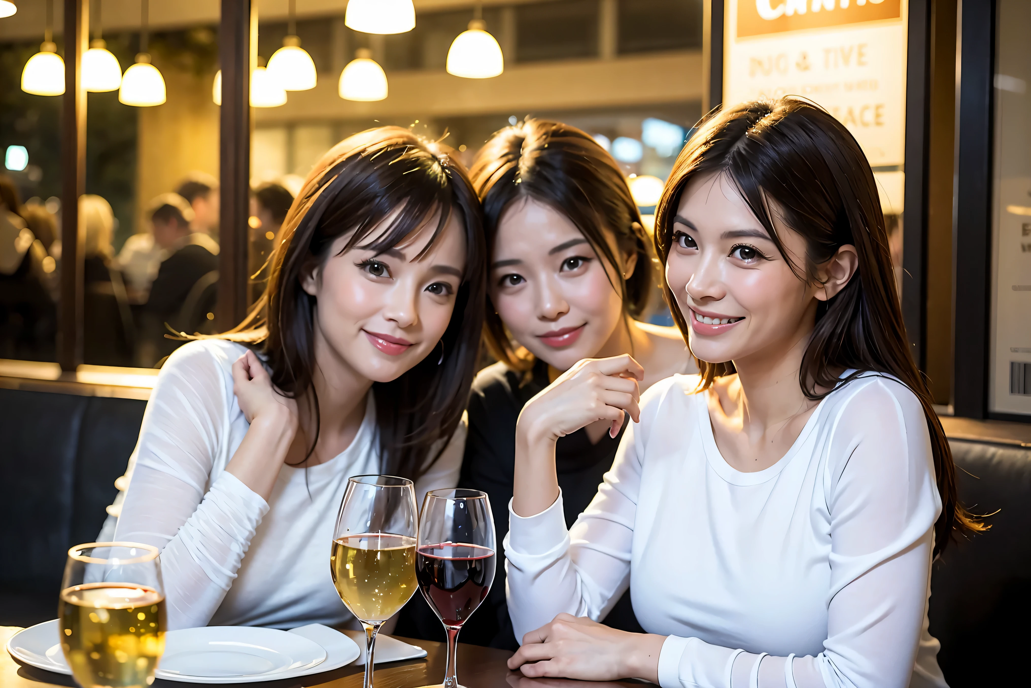 64k, UHD, highest quality, masterpiece: 1.2), (realistic, photorealistic: 1.37),やわらかなsmile、gentle expression、 Super detailed, celebration party、beauty、charm、beautiful mature woman、3 women who love wine、three men、Tokyo、Yokohama、Paris、London、venice、Rome、Champagne、sparkling wine、winter night、restaurantでワイン宴会、(slimな男女4名),(Wine party for 5 people)、(slimフェイス),Happy、 最高なsmile、Fox Face、Berry Short、(because I&#39;thin), (brown hair), (shortcut), long sleeve shirt、winter fashion、Columbia、Brazilian、Japanese、Dutch、German、Portuguese、Belgian、Italian、French, (Squirting), (slimボティ), (brown hair), (shortcut), 端正なbeauty、cheeks blush a little, (41 years old), 38 years old, 35 years old、32 years old、 A beautiful and detailed night view spreads out outside the window..........., restaurant, wine glassが座っている, At night, in a prominent place (from the Upper body) nova frog style, actress, model, Upper body, White wine, slim, wine glass, Very beautiful night view, wine glass Put in the Middle, Happy smile, (smile: 1.15), 