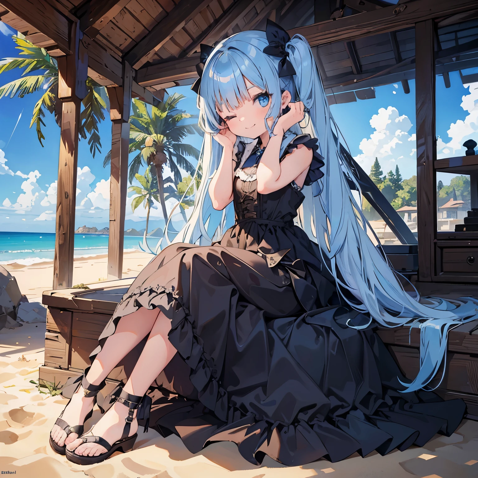 masterpiece, sandy beach, middle ages, sunlight, 1 girl, , blue eyes, blue hair, one eye closed, smile, ((straight hair)), [[long hair]], blunt bangs, ruffle dress, gothic dress, cute eyes, sitting, Hands on the head