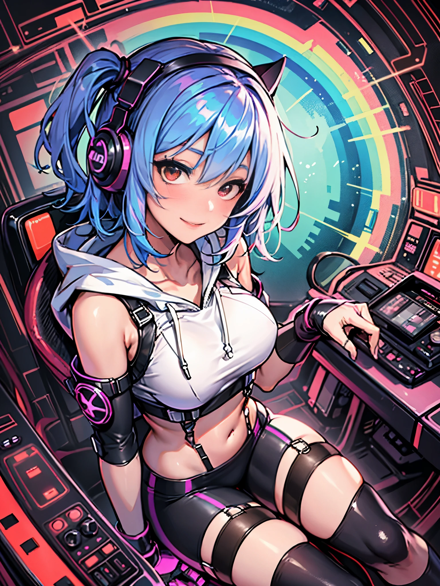 (highest quality), Angle from above:1.2,1 female, alone, Shining school swimsuit,double big round eyes,two tone hair,((two side up)),red eyes, (black skin),blush,smile, (open chest:1.1),Cyberpunk world,dynamic composition,Big breasts,Socks above the knee,Psychedelic color scheme,Iridescent background,rabbit ear headphones,turbo in the back,machine legs,rainbow colored screen,((cockpit of a complex machine)),look far away,(armor in the shape of a hoodie),Have a game controller