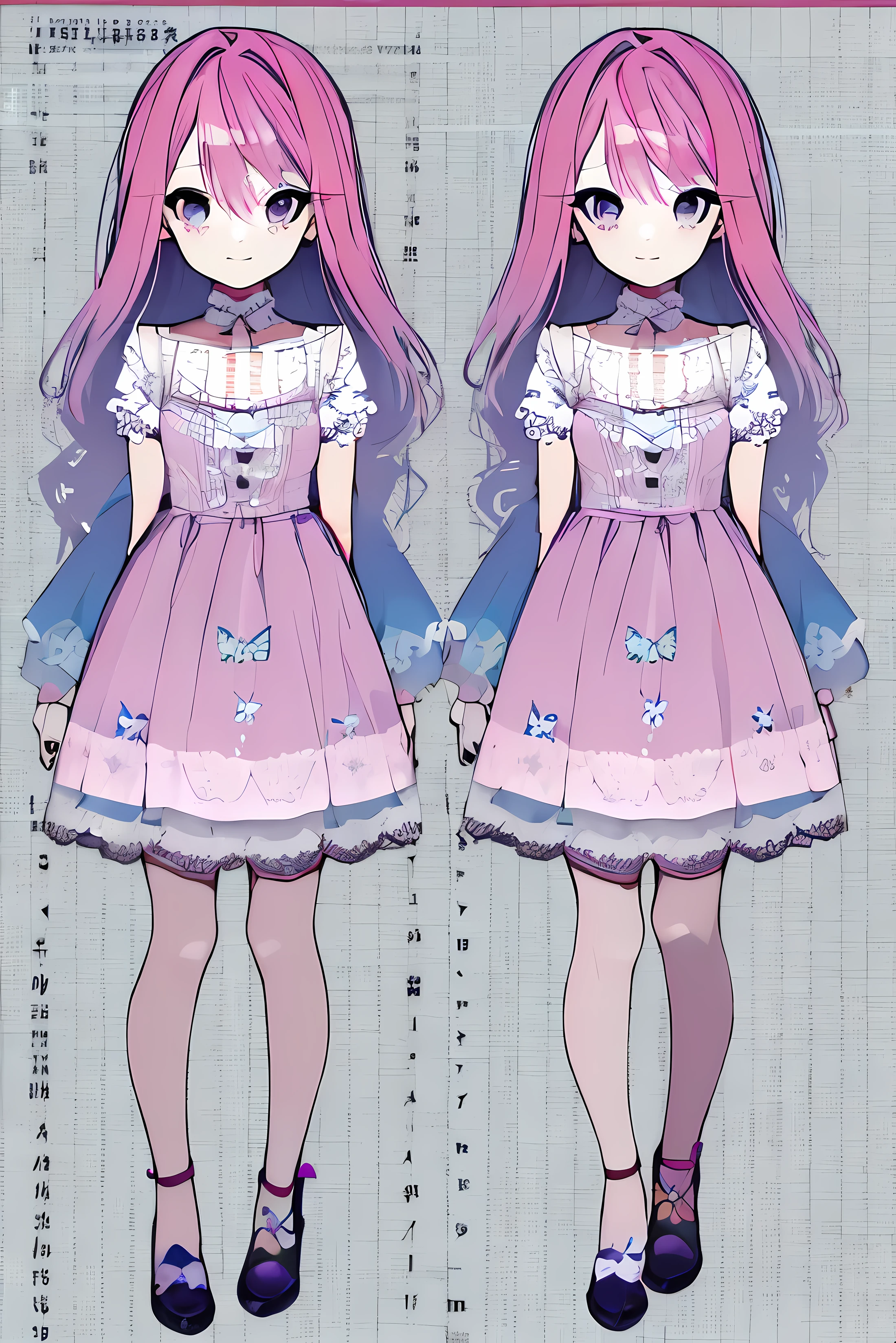 cute girl with pink hair with butterfly dress with fading blue and violet, reference sheet