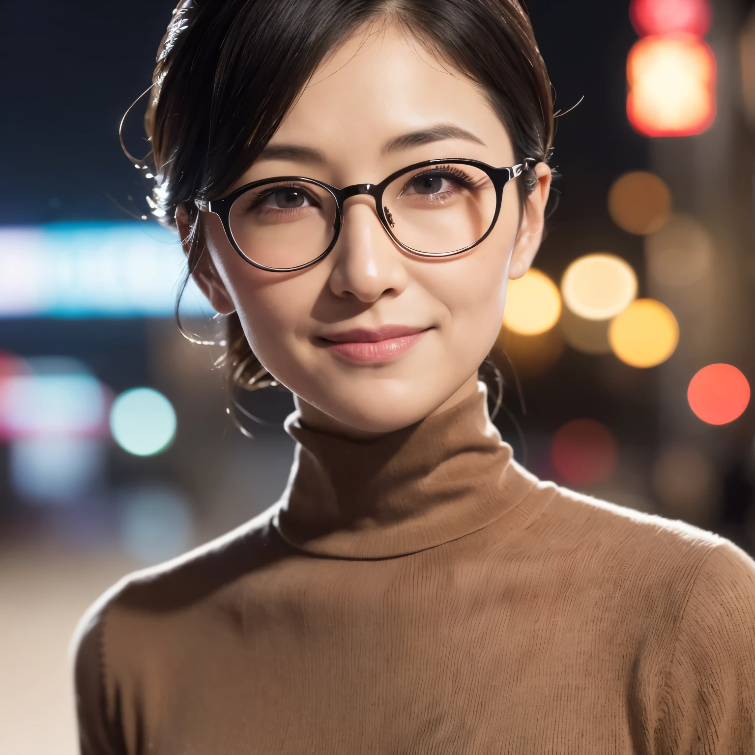 (highest quality、table top、8K、best image quality、Award-winning work、ultra high resolution)、1 female、(1 50 year old mature woman:1.1)、(wrinkled face:1.1)、(Turtleneck knitwear:1.3)、elegant hairstyle、(Classy glasses:1.1)、epic movie lighting、very moody and romantic lighting、It's snowing、Shinjuku at night、Glittering night view、blurry night view、perfect anatomy、slender body, look at me and smile、perfect makeup、long eyelashes、ultra high resolutionの煌めく瞳、ultra high resolutionの髪の毛、ultra high resolutionの艶のある唇、ultra high resolutionの美しい歯、ultra high resolutionの可愛い顔、blurred background、Premonition of romantic love、(close up of face:1.5)、(look at me and smile:1.1)