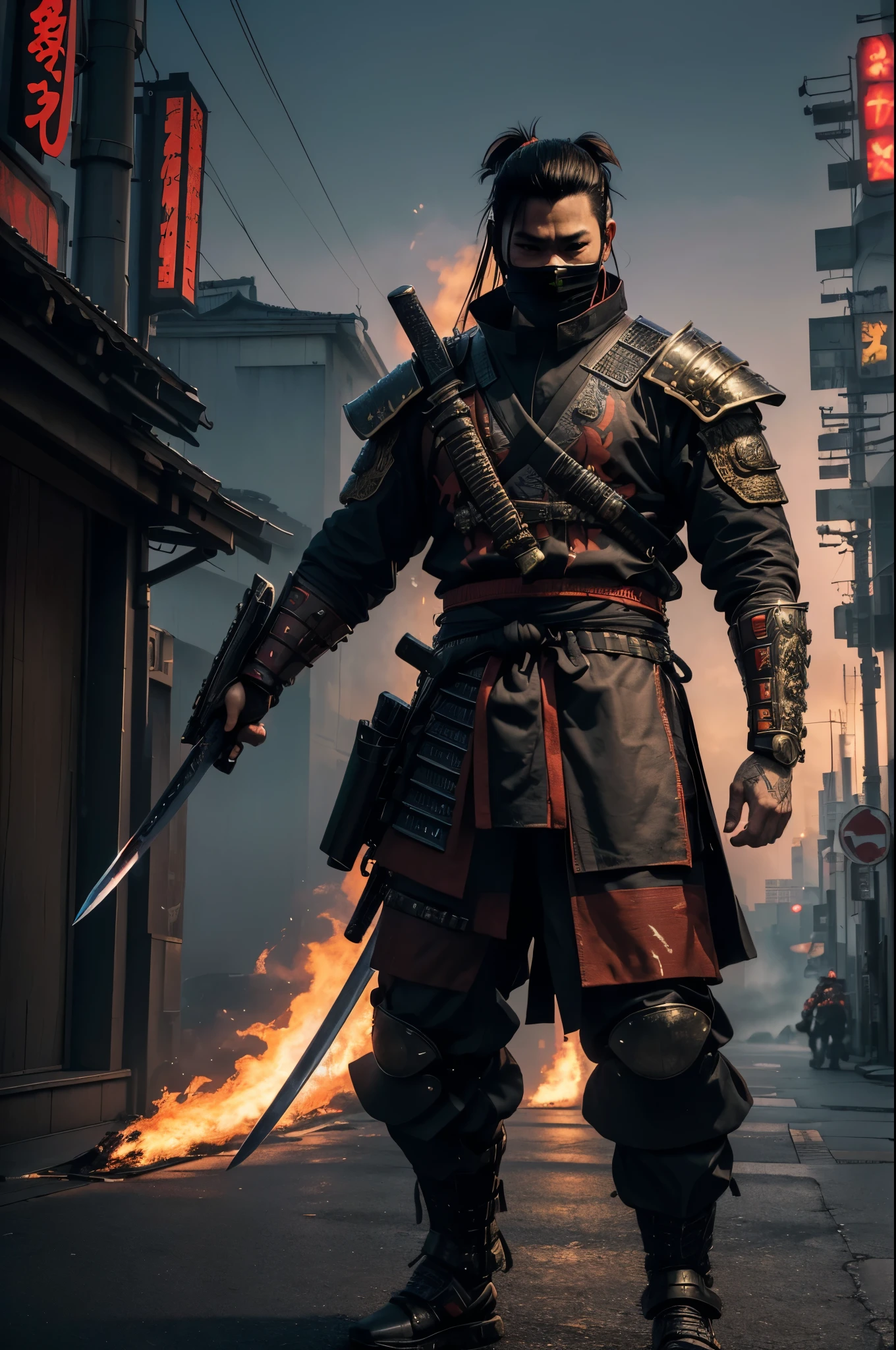 (best quality,4k,8k,highres,masterpiece:1.2),ultra-detailed,(realistic,photorealistic,photo-realistic:1.37), urban samurai, wearing a demon mask, full body, armed with a long and large Japanese sword, facing front, flame and smoke cyberpunk military cloth armor, cyberpunk Tokyo city background