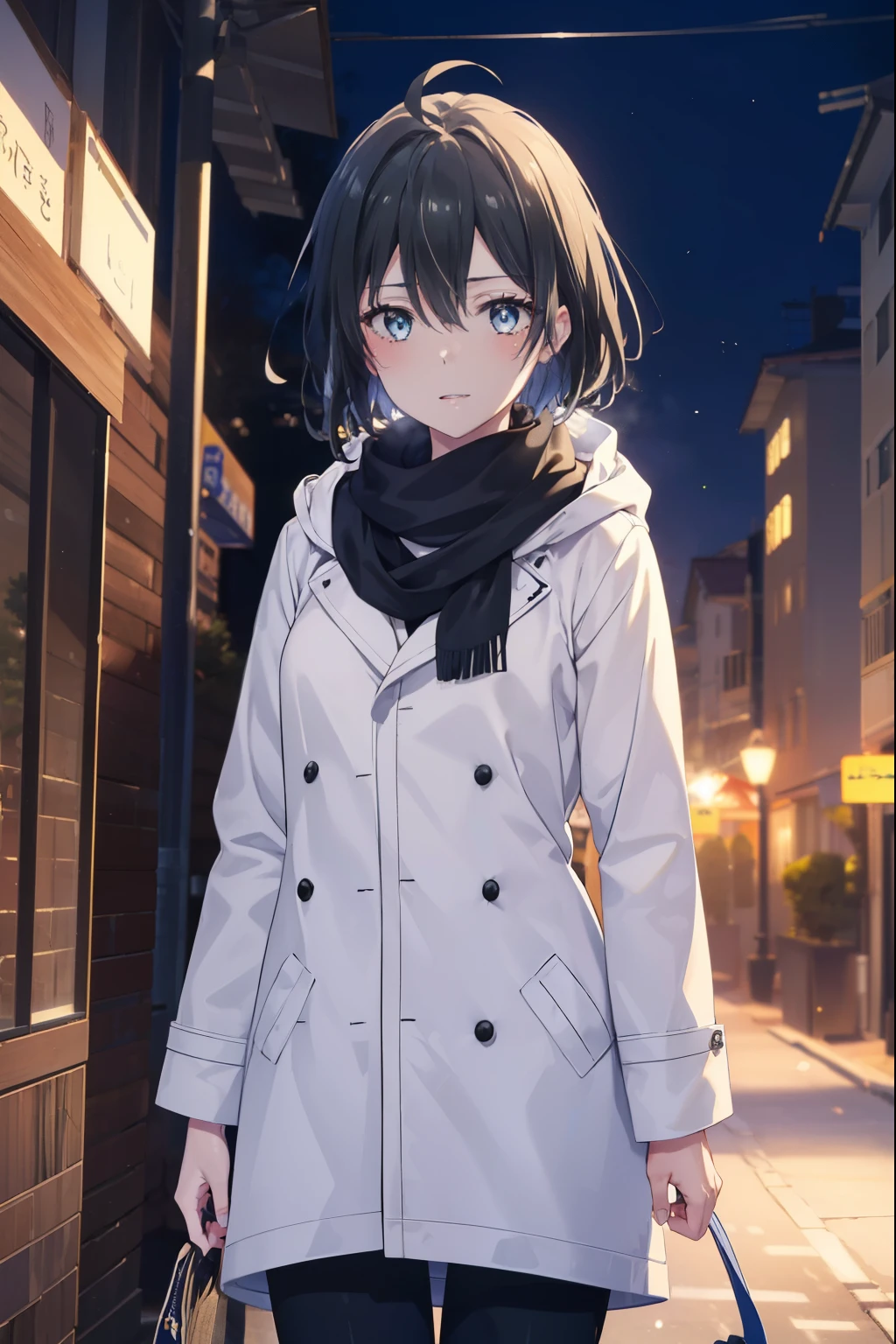 Yukiyuki Yukinoshita, Yukinoshita Yukino, black hair, blue eyes, short hair, Ahoge,blush,smile,white long coat,black sweater,Scarf,skinny pants,stiletto heels,daytime,winter,
break outdoors, In town,building street,
break looking at viewer, (cowboy shot:1.5),
break (masterpiece:1.2), highest quality, High resolution, unity 8k wallpaper, (figure:0.8), (beautiful and fine eyes:1.6), highly detailed face, perfect lighting, Very detailed CG, (perfect hands, perfect anatomy),
