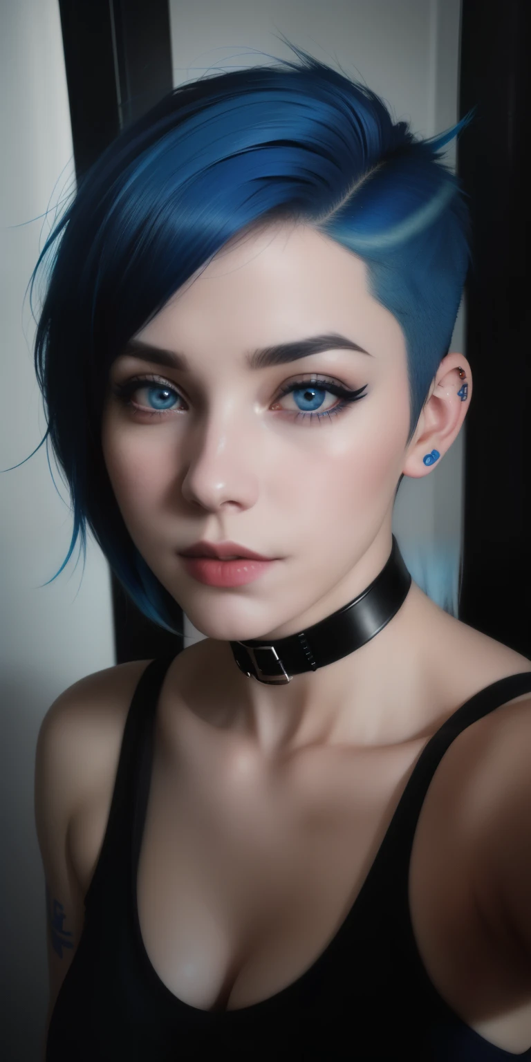 1 woman, ((upper body selfie)), ((selfie shot:0.5)), half body portrait, (realistic photo), (college emo), (20 years), (wrinkles:0.3), (flirty expression), (cute face:1.5), (punk school girl), look at viewer,facing me, ((undercut blue hair)), (emo blue hair), punk blue hair, perky chest, amateur, girlfriend, (big nose), (eye-liner), ((dark eyes)), black choker, ((Blue Hair)), fair skin, pale skin, RAW photo, low key, volumetic,dof, film grain, (quality photo, digital), (centered), (hyper-realistic: 1.5), realism, Bathroom
