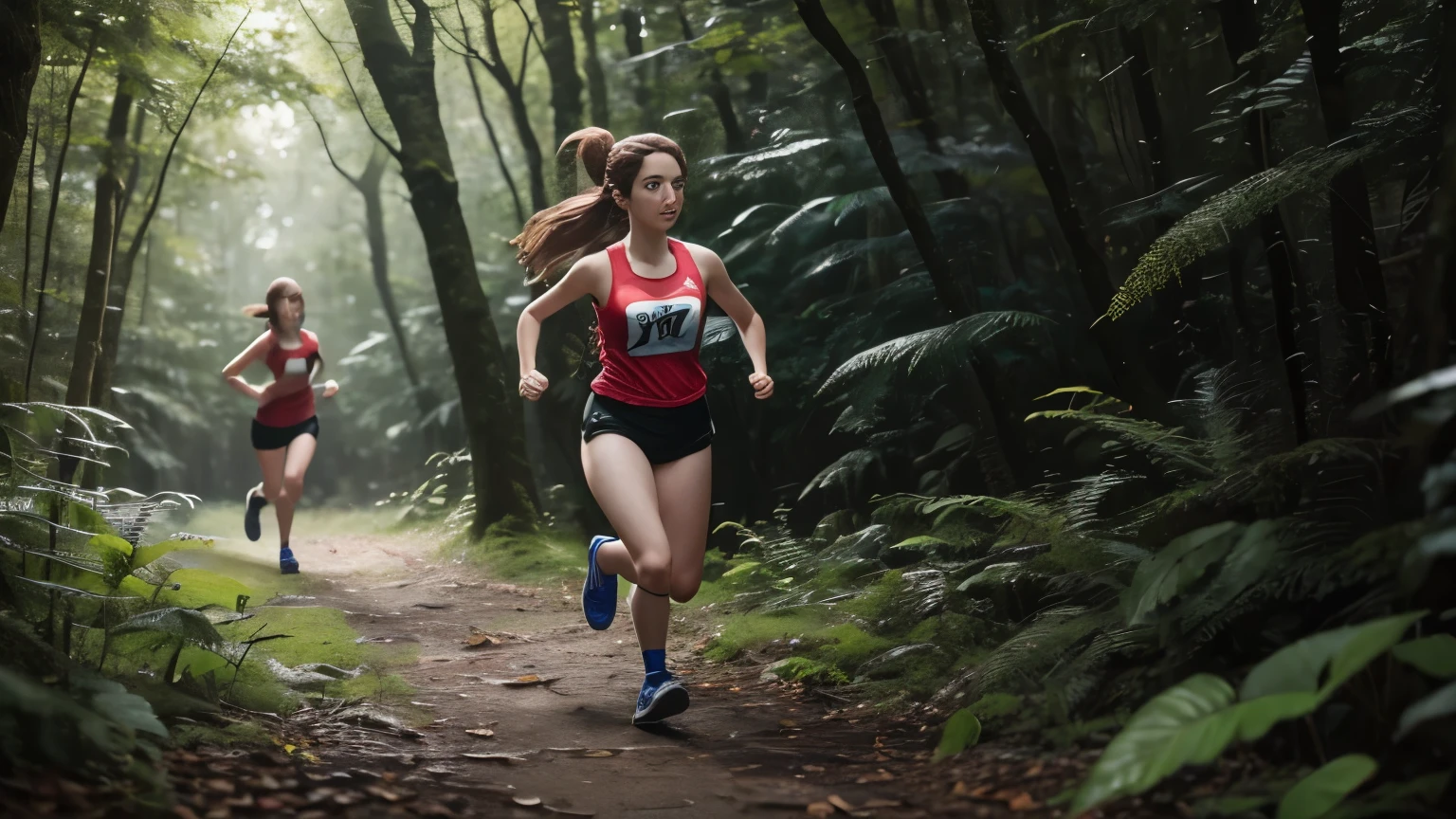 beautiful, best quality, detailed, highres, a girl, 2 girls, Recreate Super Mario characters, running, undone clothing, in the forest, ultra realistic photo, upper body, closeup shot
