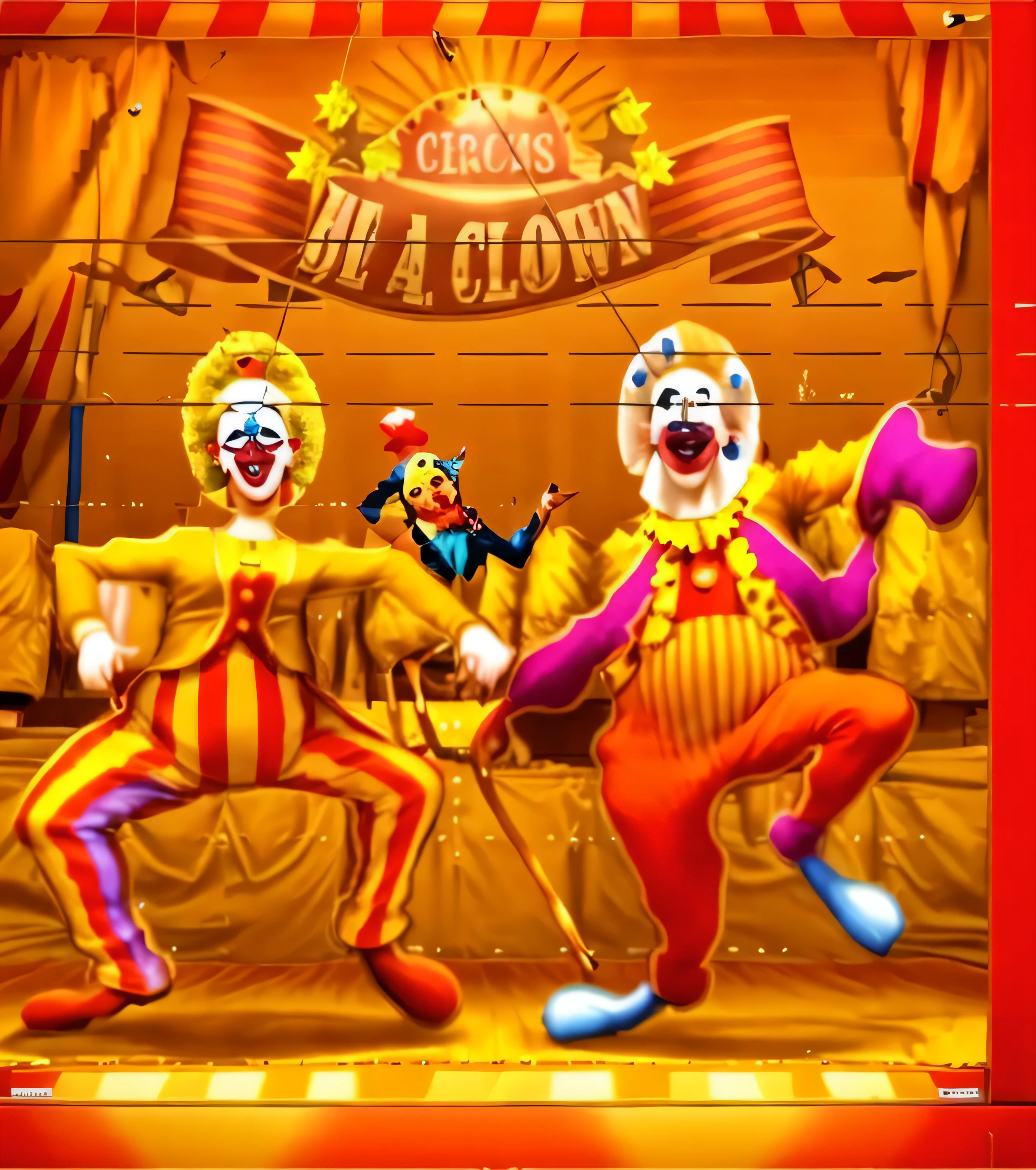 there are two clowns that are performing on a stage, circus clowns, clowns, of a gang of circus clowns, pauline hanson as a clown, welcome to the circus, circus, clowns boxing, clown, 🌻🎹🎼, carnival, cardboard cutout, backdrop, circus background, a weird circus, cutecore clowncore, inspired by The Family Circus