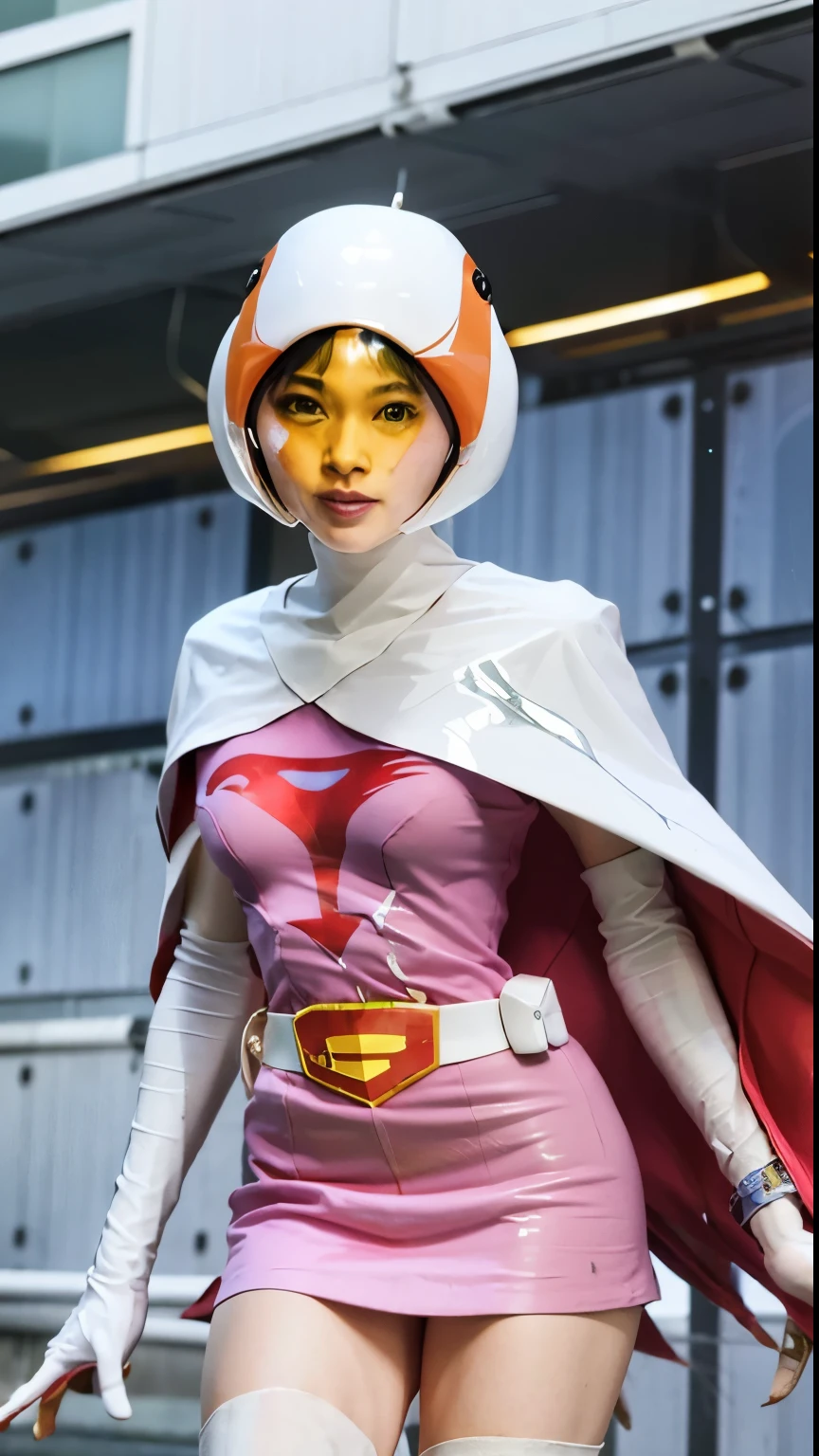 A woman wearing a pink dress and cloak is standing in front of a building, power girl,Jun the Swan、science ninja、 As a retro-futuristic heroine, As a retro-futuristic heroine, sheila, she - ra, anime female hero portrait, Portrait of a modern dharna, anime visual of super girl, super girl, official art, Dinah Drake, hironaka, blowjob white mecha