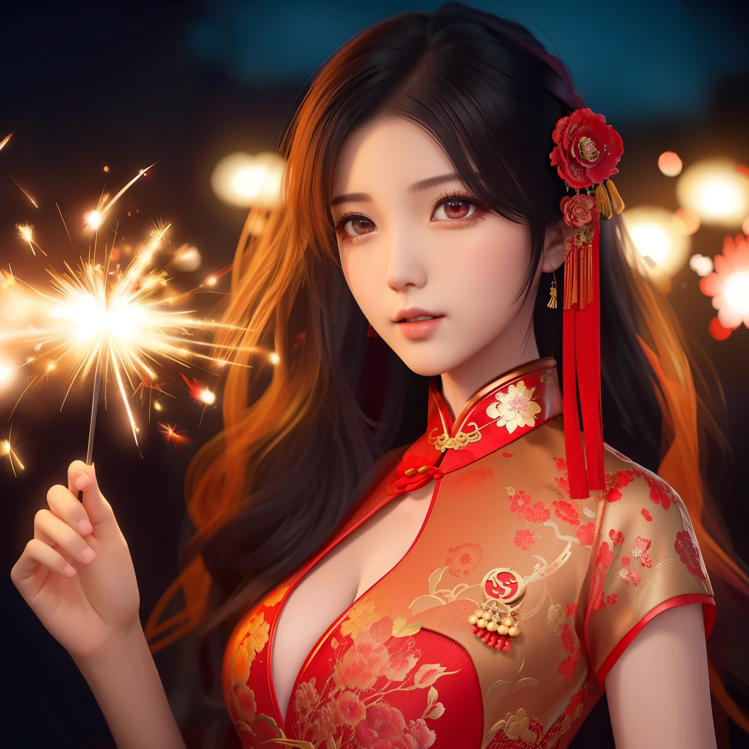 Araf woman in a red dress holds fireworks, Chinese girl, chinese woman, wearing a red cheongsam, cheongsam, Beautiful digital artwork, Chinese style, 8k)), Popular topics on cgstation, Hungry Ghost Festival, China costume, 🌺 CG Society, cheongsam, Paired with ancient Chinese costumes, glow red, Chinese fantasy