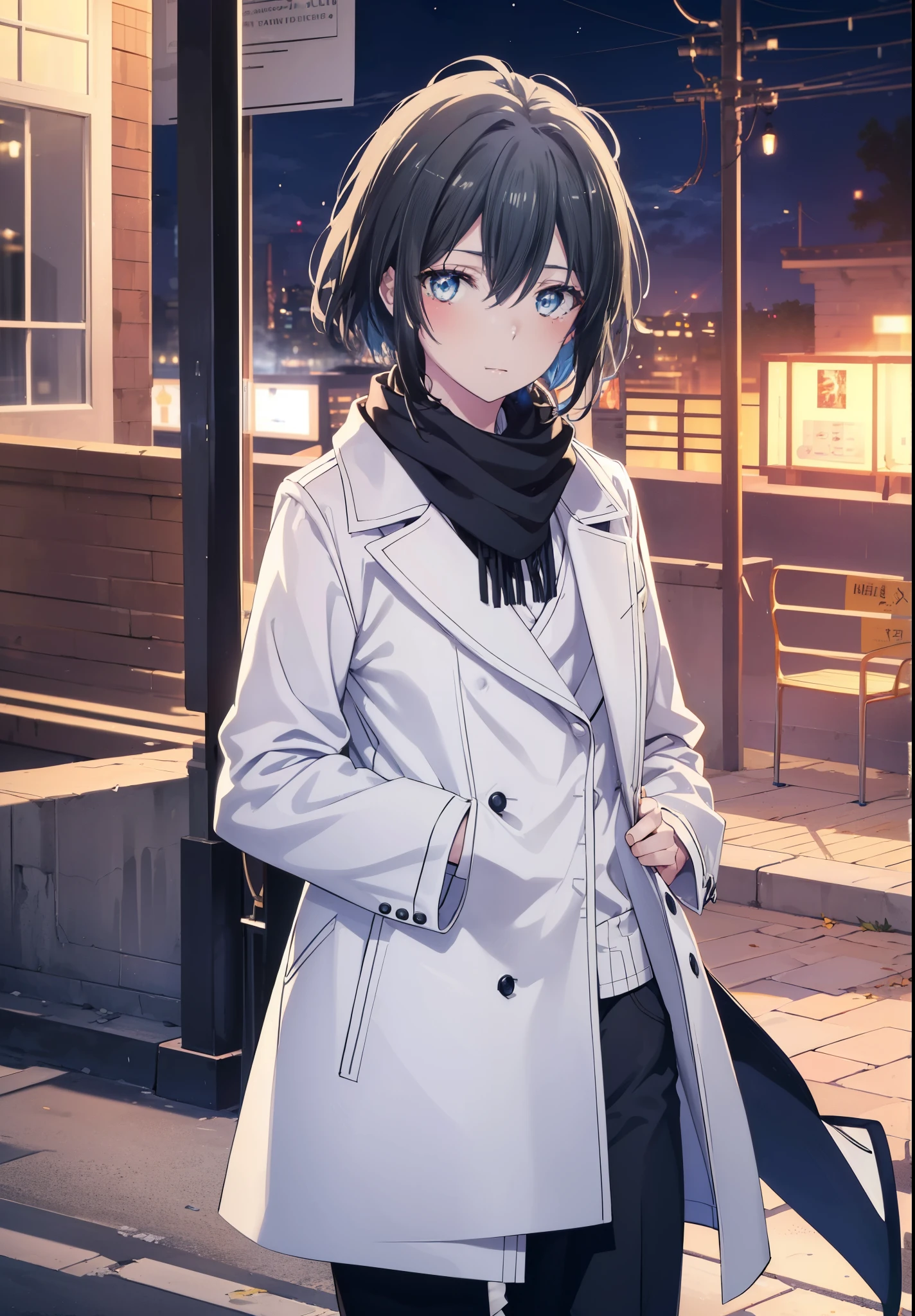 Yukiyuki Yukinoshita, Yukinoshita Yukino, black hair, blue eyes, short hair, Ahoge,blush,smile,white long coat,black sweater,Scarf,skinny pants,stiletto heels,daytime,winter,
break outdoors, In town,building street,
break looking at viewer, (cowboy shot:1.5),
break (masterpiece:1.2), highest quality, High resolution, unity 8k wallpaper, (figure:0.8), (beautiful and fine eyes:1.6), highly detailed face, perfect lighting, Very detailed CG, (perfect hands, perfect anatomy),