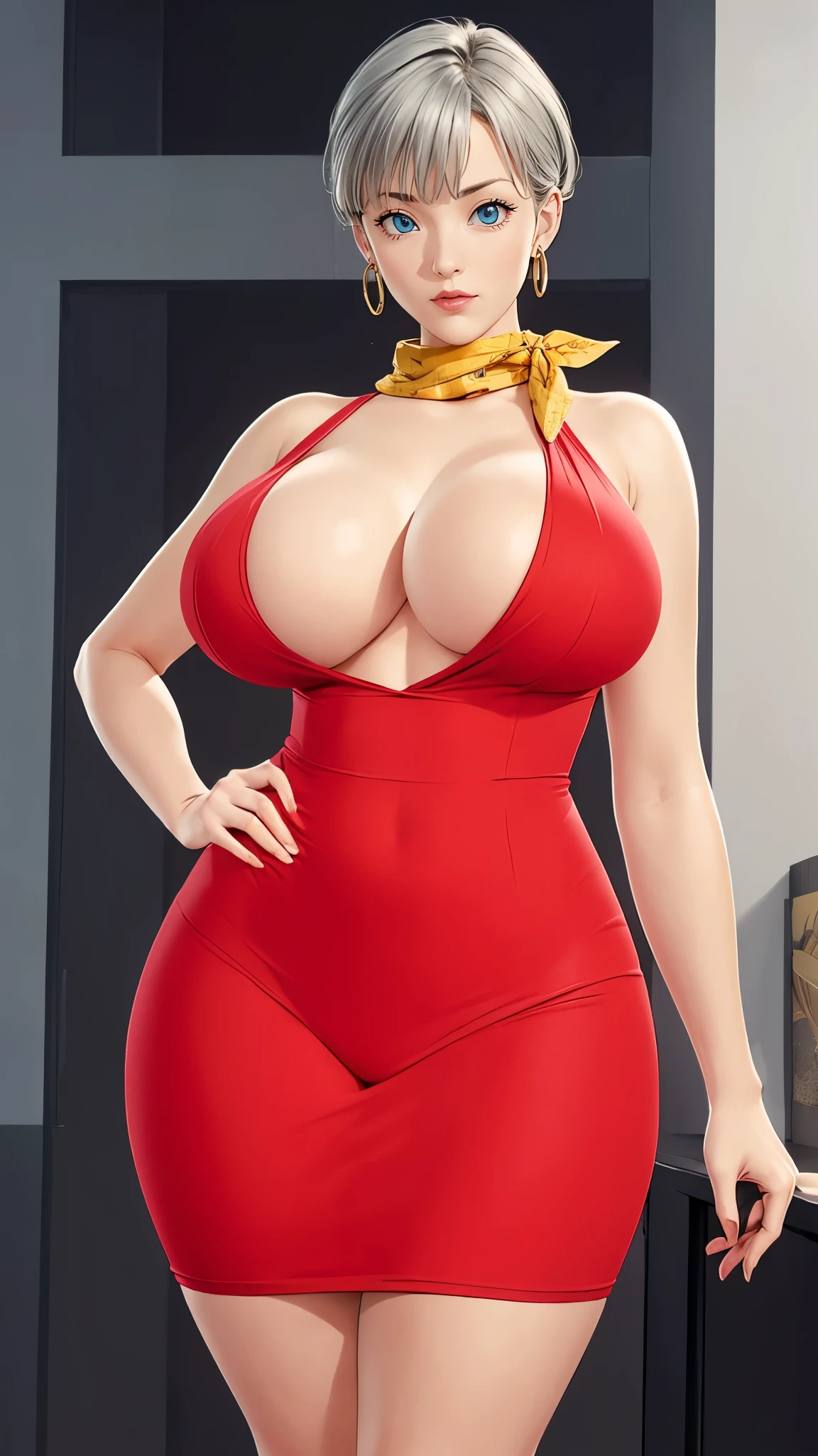 （（（完美figure，figure，red dress, yellow scarf，A platinum necklace with a pearl around her neck，（（（bulmadbzreddress，aqua hair, short hair, blue eyes, earrings））），（（（wide hips）））））），((masterpiece)),high resolution, ((Best quality at best))，masterpiece，quality，Best quality，（（（ Exquisite facial features，looking at the audience,There is light in the eyes，Happy））），（（（Light and shadow interlace，huge ））），（（（looking into camera，from below，look up，fighting stance）））