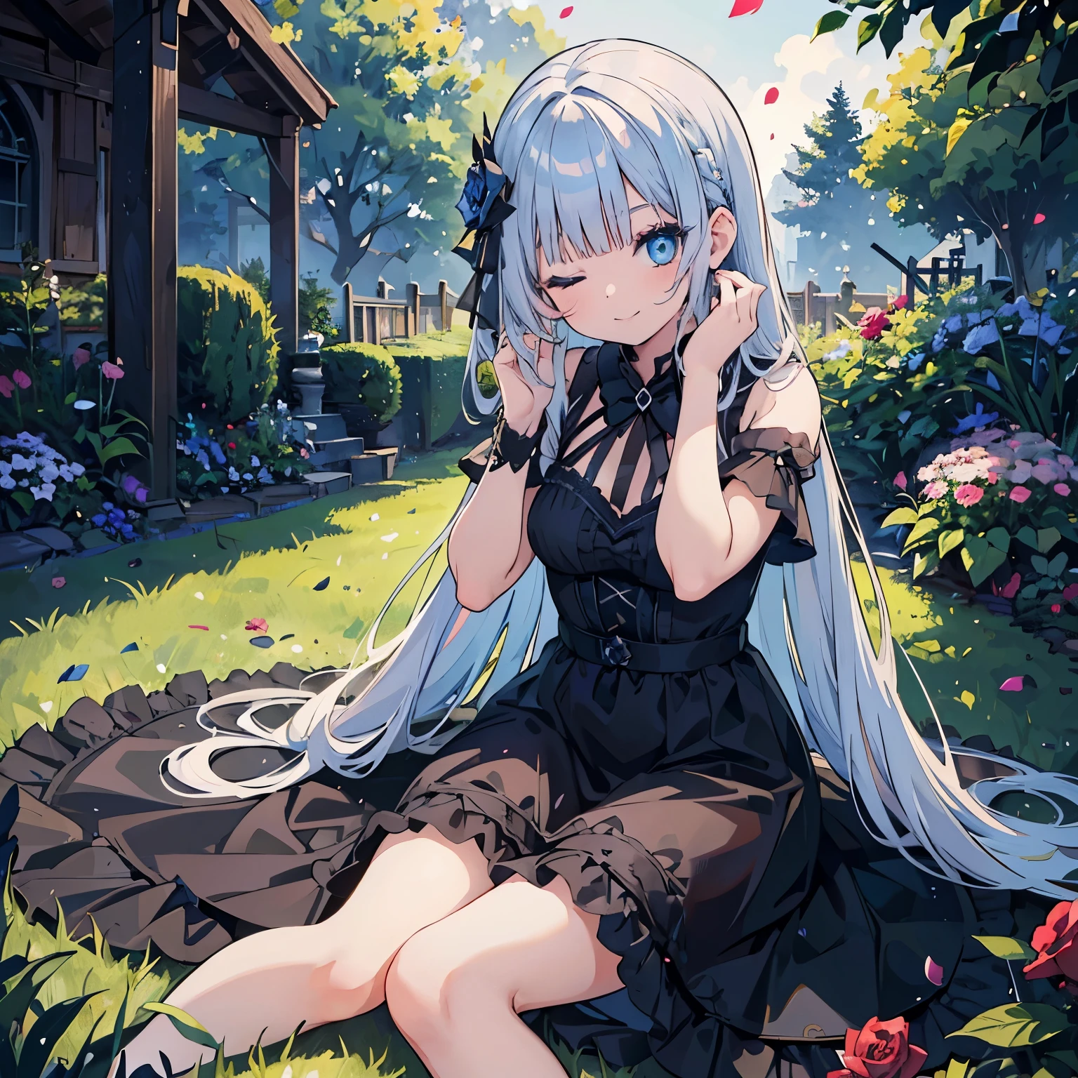 masterpiece, garden, Black Rose, sunlight, 1 girl with dancing black rose petals, , blue eyes, light blue hair, one eye closed, smile, ((straight hair)), [[long hair]], blunt bangs, ruffle dress, gothic dress, cute eyes, sitting, wariza