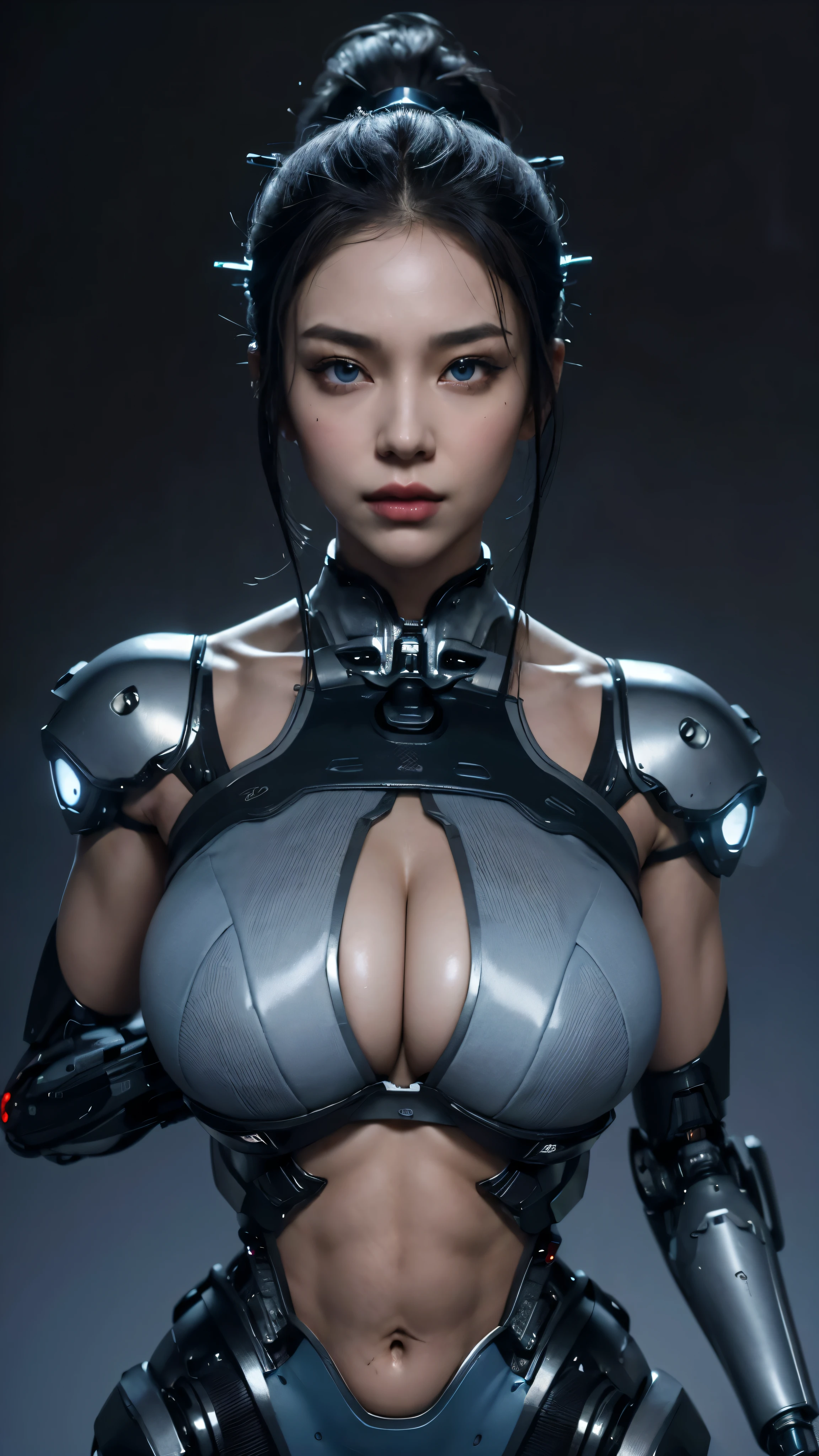 image of a stunningly beautiful woman, messy grey ponytail hairstyle, (((hot and sexy seductive pose))), with top lighting effect, ((((wearing a black cheongsam oover her mechanized half human and half cyborg robotic body, bio-mechanical Nano body, glowing blue eyes)))), (((Grey flat background))), (((huge breasts))), (((huge hips))), (detailed face:1.2), (detailed eyes:1.2), (detailed background), (((((huge body))))), (((huge hips))), ((slightly far from shot)),