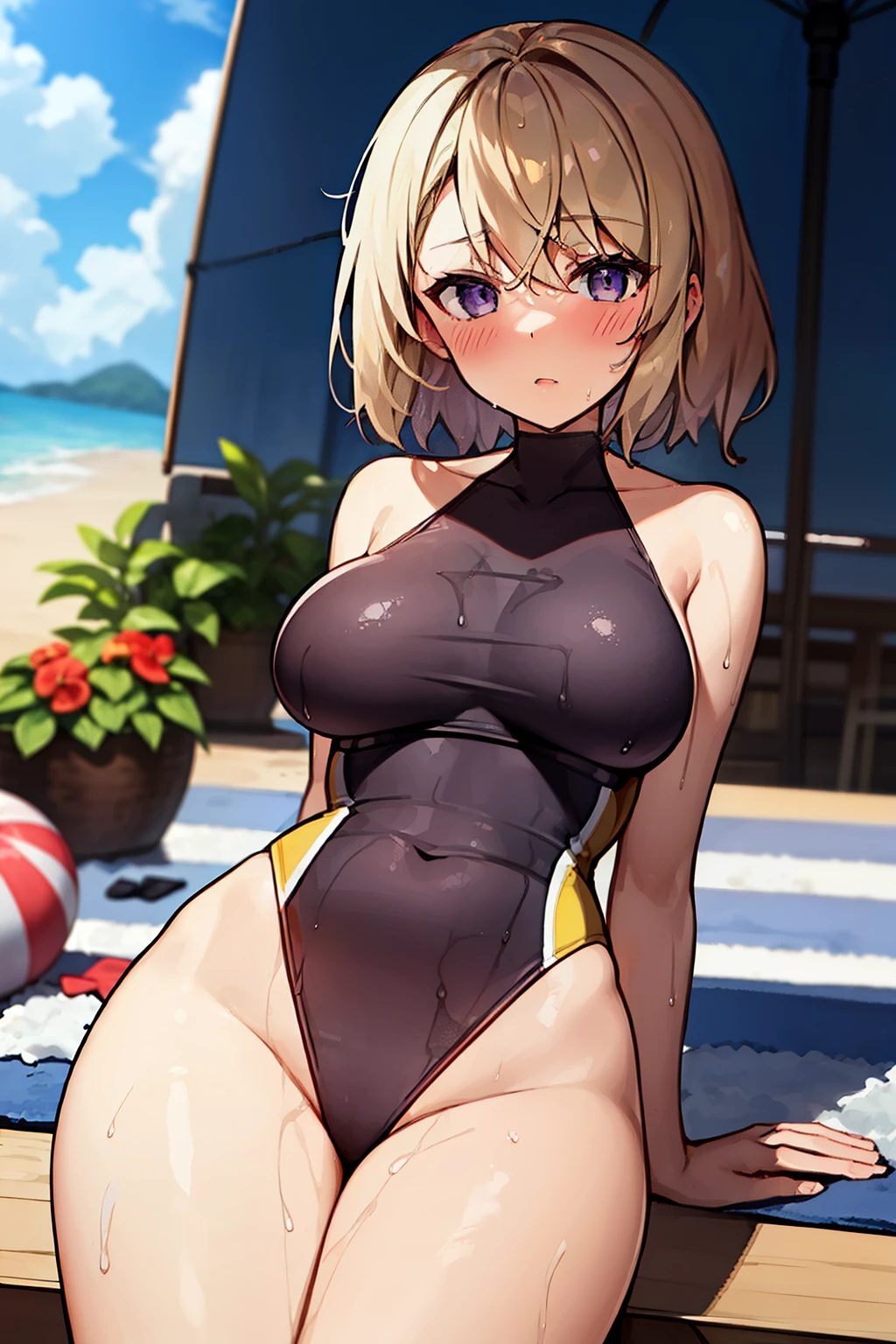 woman, short_hair, blush, bangs, bow, blue_eyes, blonde_hair, purple_eyes, medium_breasts, hair_between_eyes, swimsuit, one-piece-swimsuit, wet, dripping, towel, sitting, sitting on towel, beach