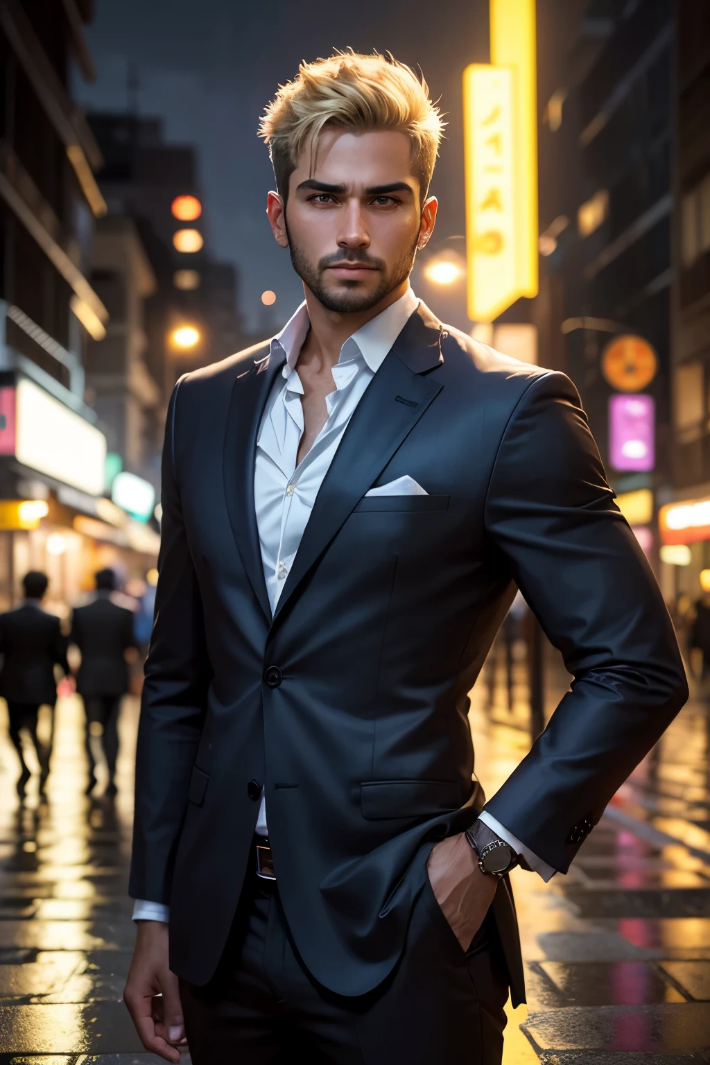 a brazilian man in my early 30s. I short blond hair, and an average build - nothing too remarkable about my appearance. in business casual dress - slacks, dress shirts, blazers, 8k, RAW photo, best quality, master piece: 1.2), (realistic, photo-realistic: 1.37), Sao Paulo Brazil street, night, Rain, humid, Cityscape, night, SOLARPUNK CITY, soft light, , face extremely Brazilian, put hands down,Pigsney