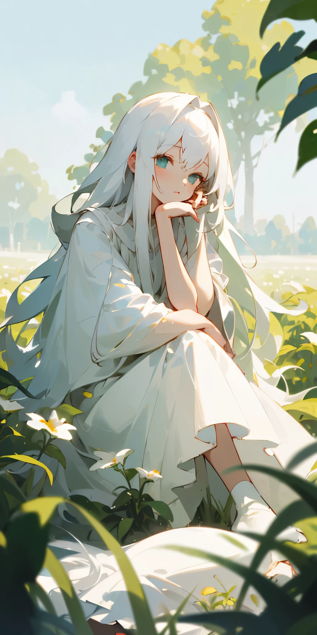 (masterpiece, highest quality),One girl with long white hair sitting in a field of green plants and flowers, her hand under her chin, warm lighting, white dress, blurred foreground