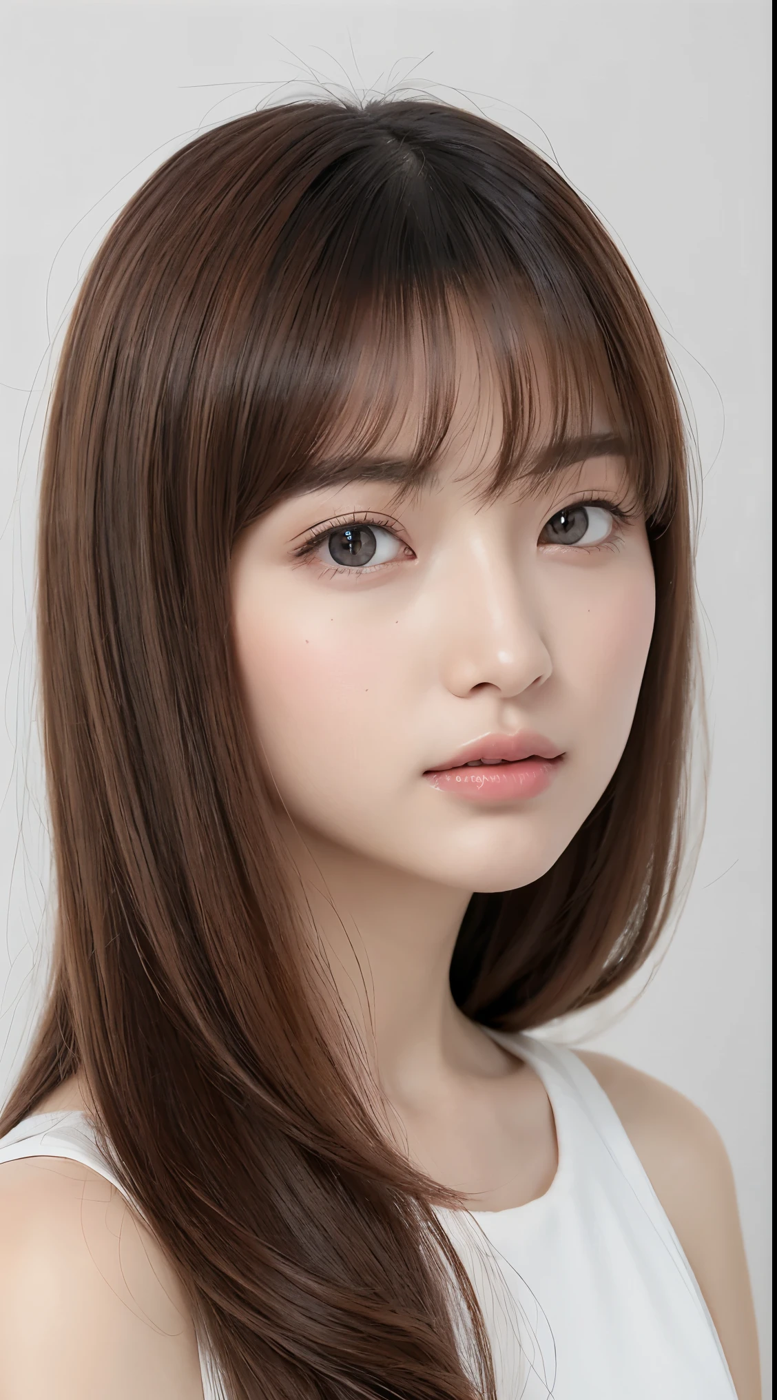 beautiful high resolution beautiful high quality eyes beautiful realistic eyelids Detailed and realistic eyes ((realistic lighting、highest quality、8K、masterpiece:1.3))、clear focus:1.2、1 girl、perfect beauty:1.4、、Neat and clean clothes、Sleeveless dress、beautiful breasts super fine face、narrow eyes、double eyelid、cinematic lighting、realistic pictures、28 years old、Face like a Japanese idol、white background、gray background、mature woman、elegant makeup、angle of pull、hair length、long hair、long hair、straight hair、see-through bangs Japanese Beautiful high-quality gradation